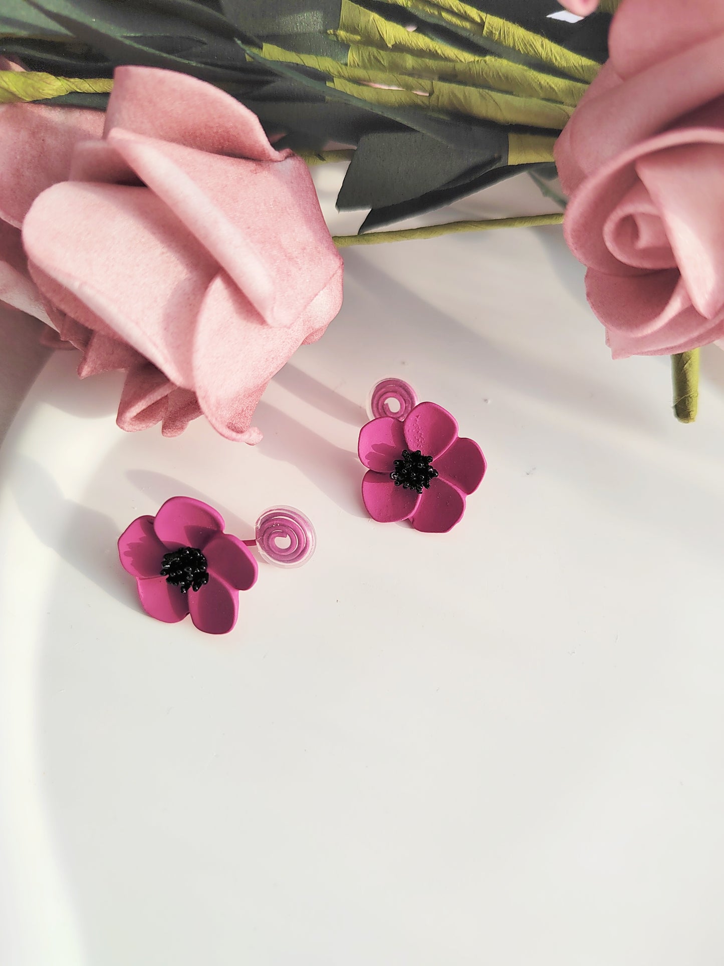 Pink Flower Clip-On Earrings – Baked Enamel Stud Non-Pierced Ear Clips