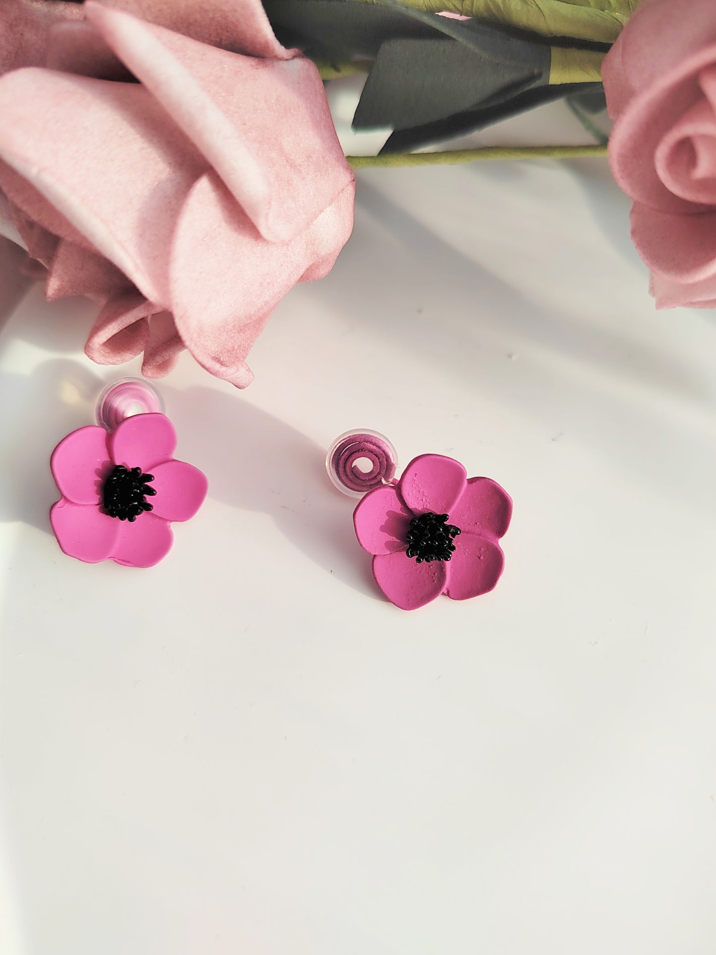 Pink Flower Clip-On Earrings – Baked Enamel Stud Non-Pierced Ear Clips