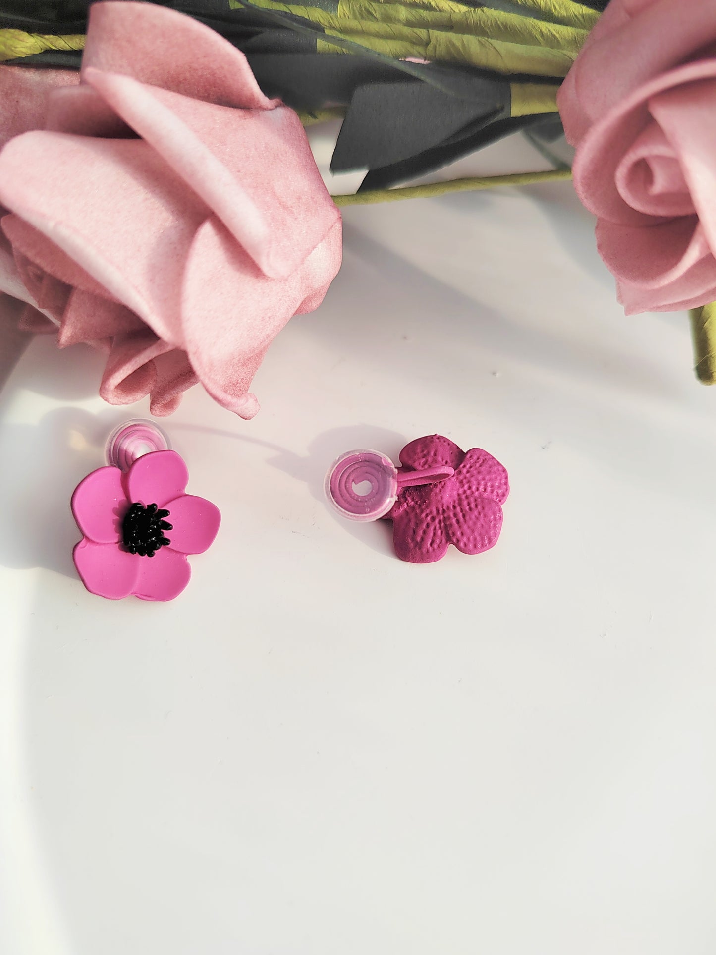 Pink Flower Clip-On Earrings – Baked Enamel Stud Non-Pierced Ear Clips
