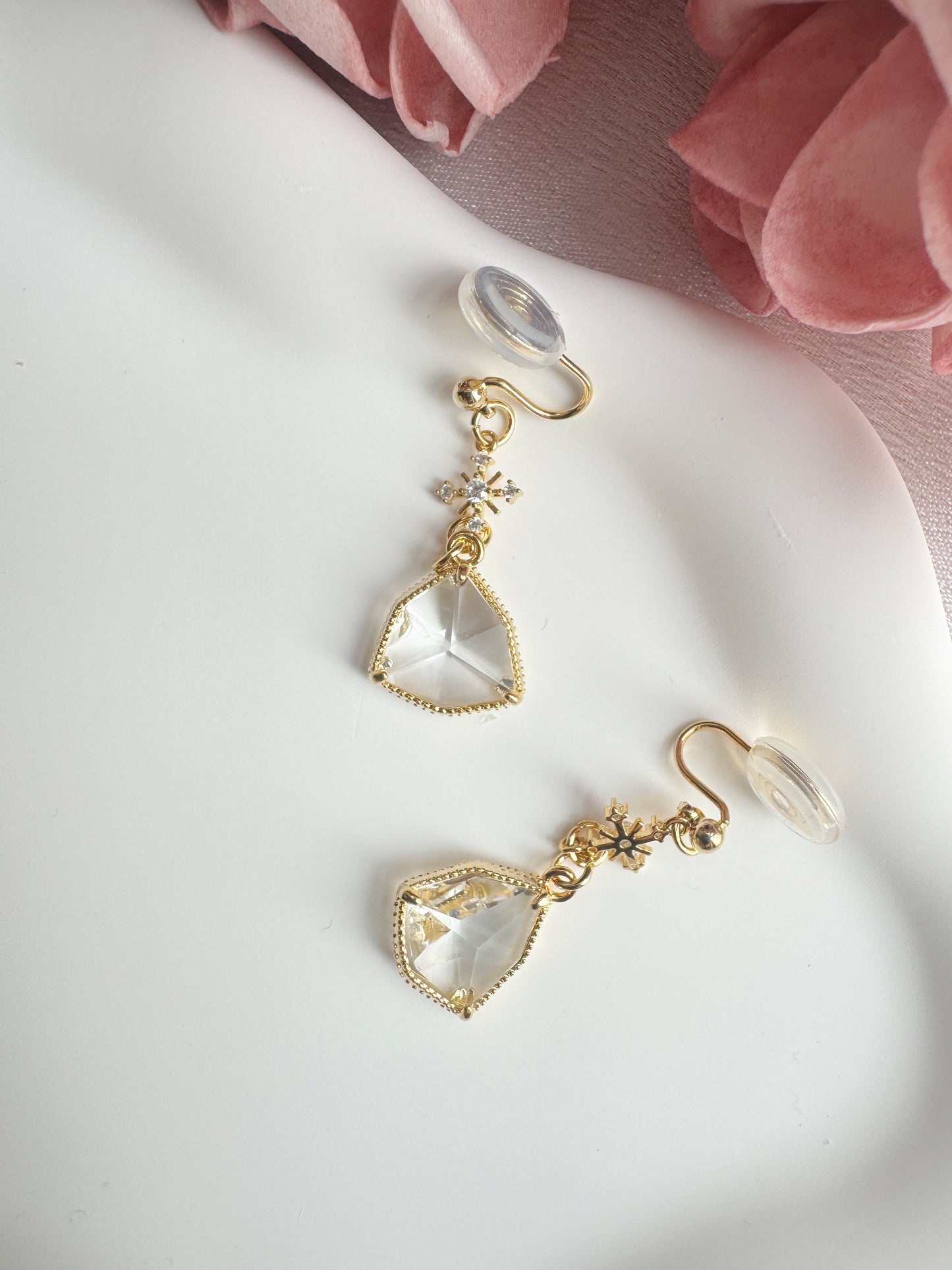 Vintage Snowflake Triangle Glass Drop Clip-On Earrings – Non-Pierced Ear Clips