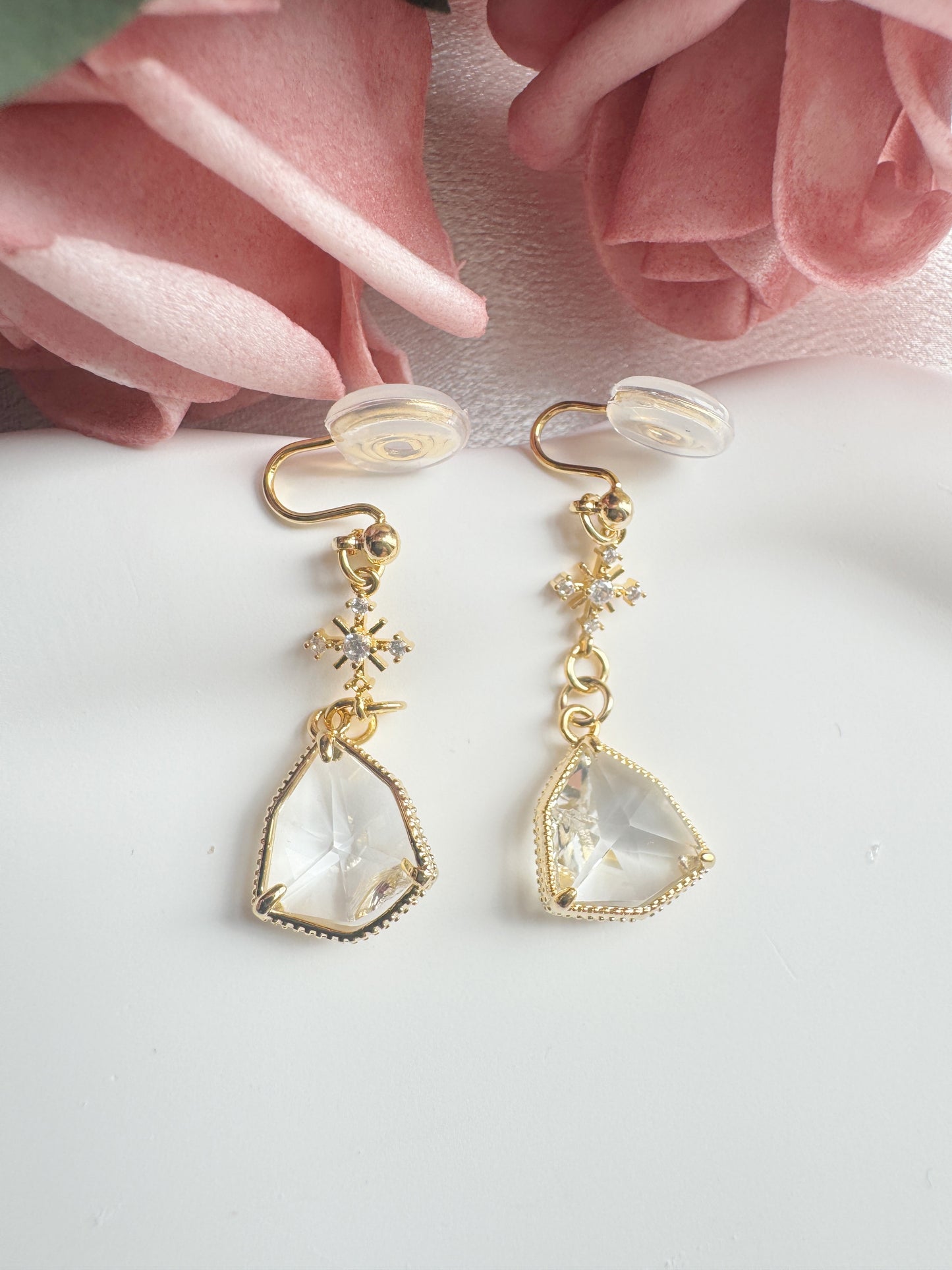 Vintage Snowflake Triangle Glass Drop Clip-On Earrings – Non-Pierced Ear Clips