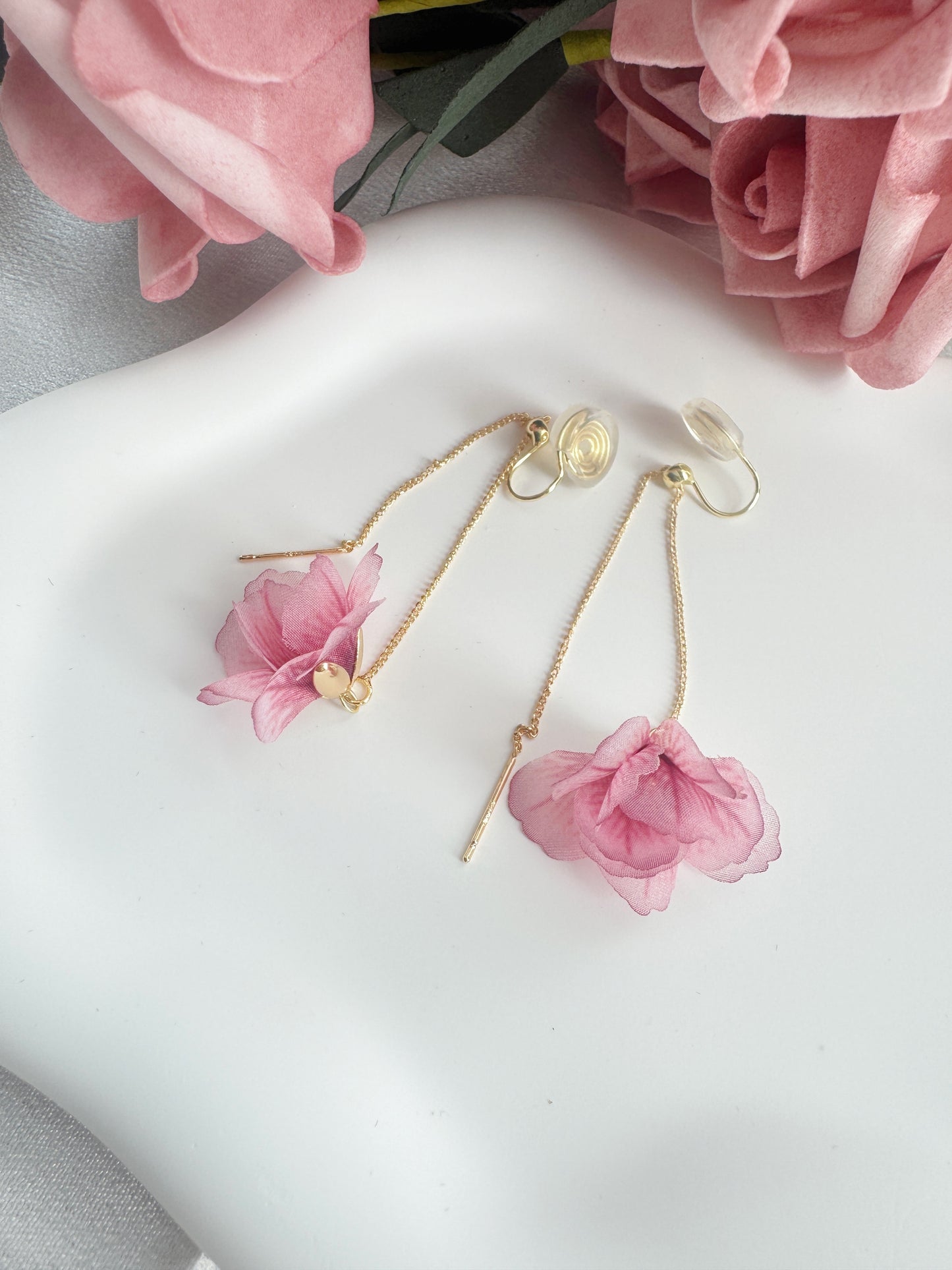 Pink Flower Clip-On Earrings – Adjustable Length Floral Non-Pierced Ear Clips
