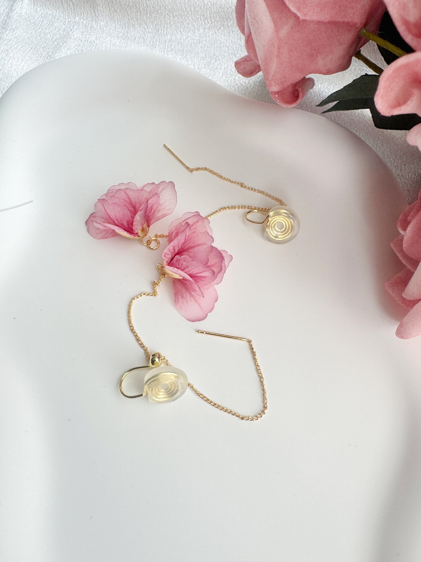 Pink Flower Clip-On Earrings – Adjustable Length Floral Non-Pierced Ear Clips