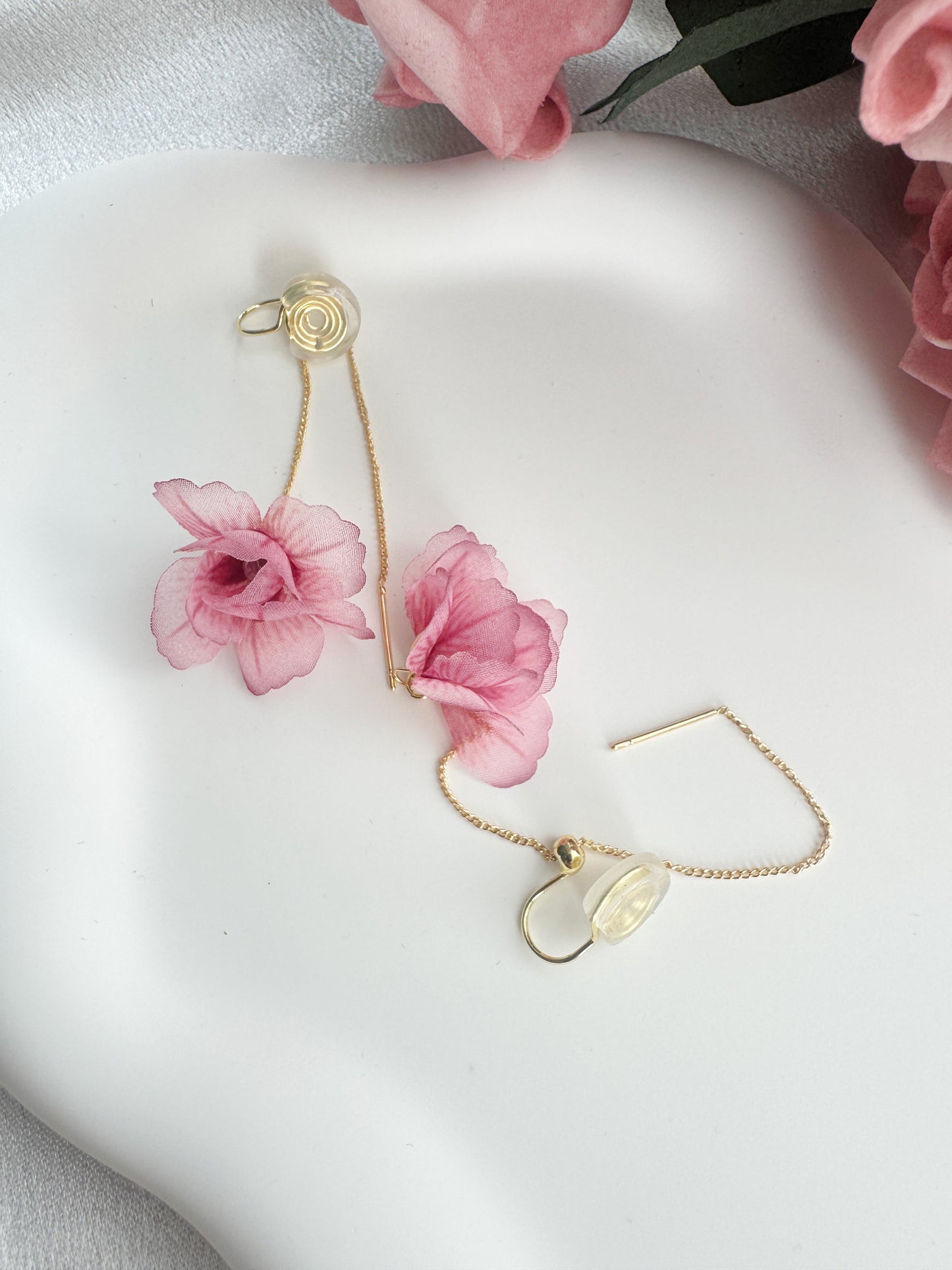 Pink Flower Clip-On Earrings – Adjustable Length Floral Non-Pierced Ear Clips