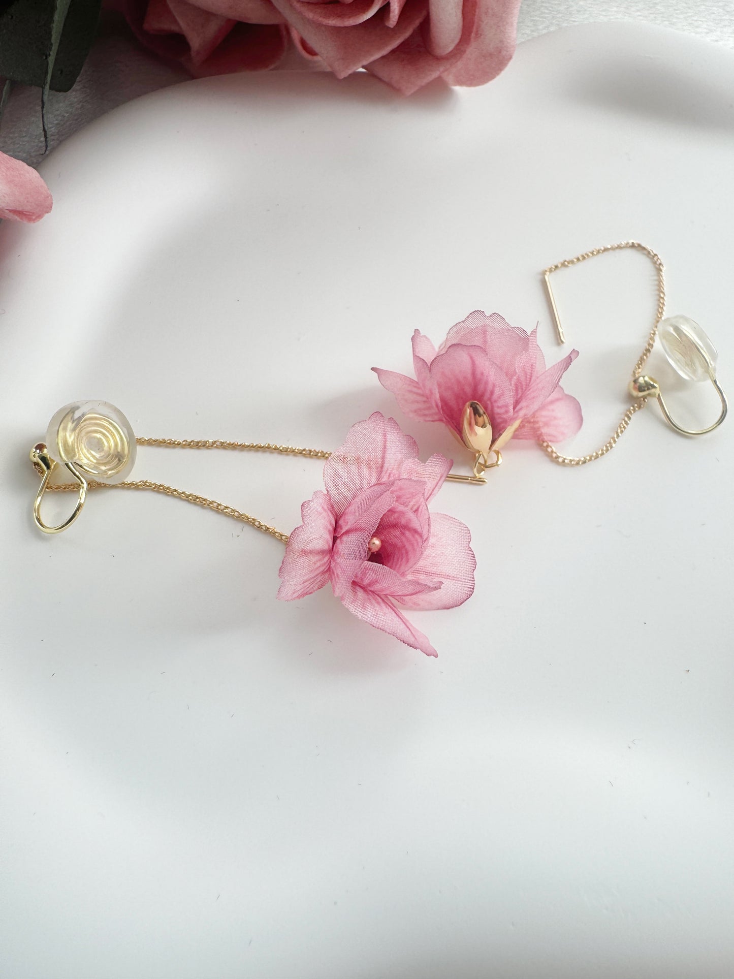 Pink Flower Clip-On Earrings – Adjustable Length Floral Non-Pierced Ear Clips