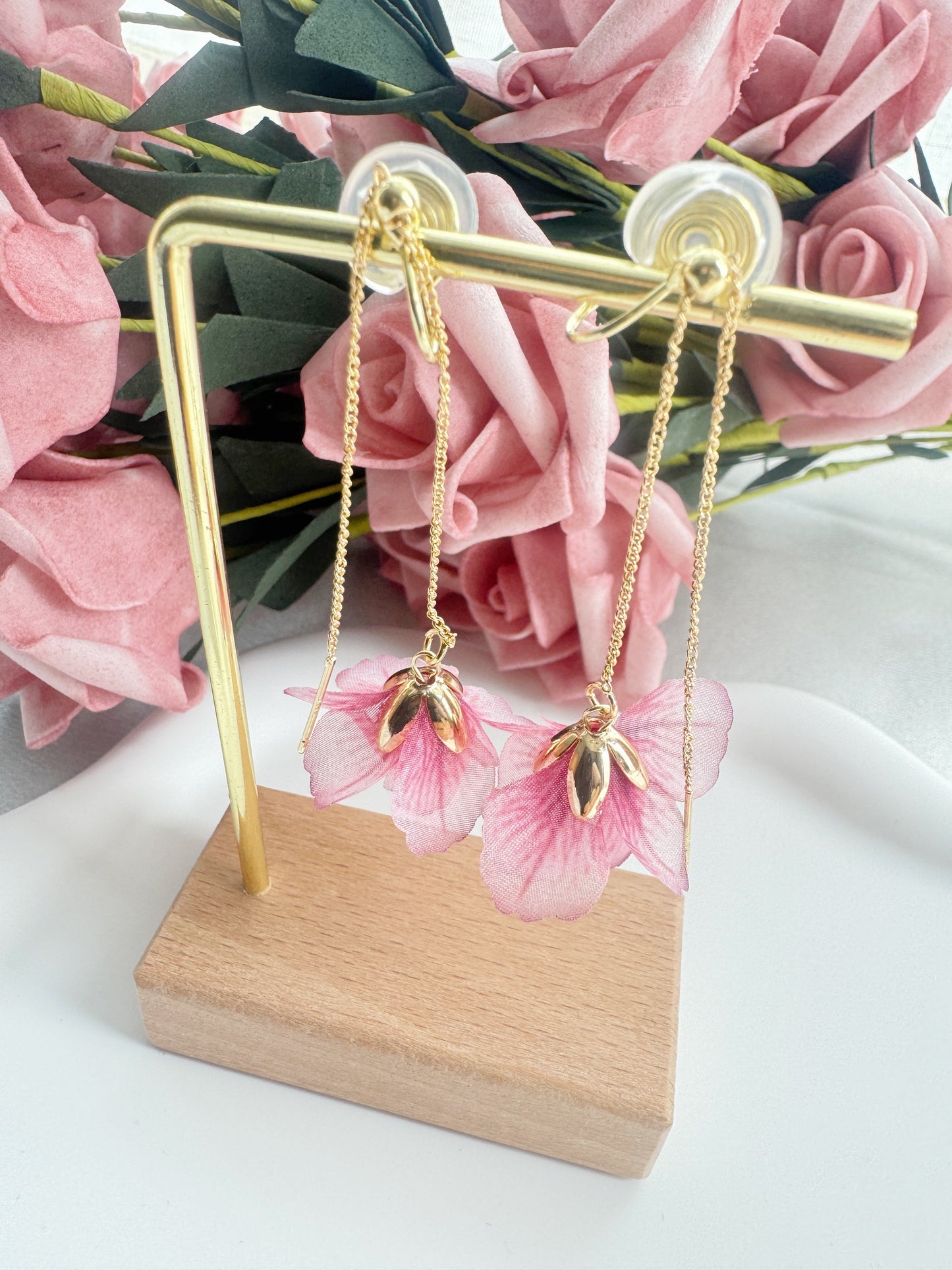 Pink Flower Clip-On Earrings – Adjustable Length Floral Non-Pierced Ear Clips