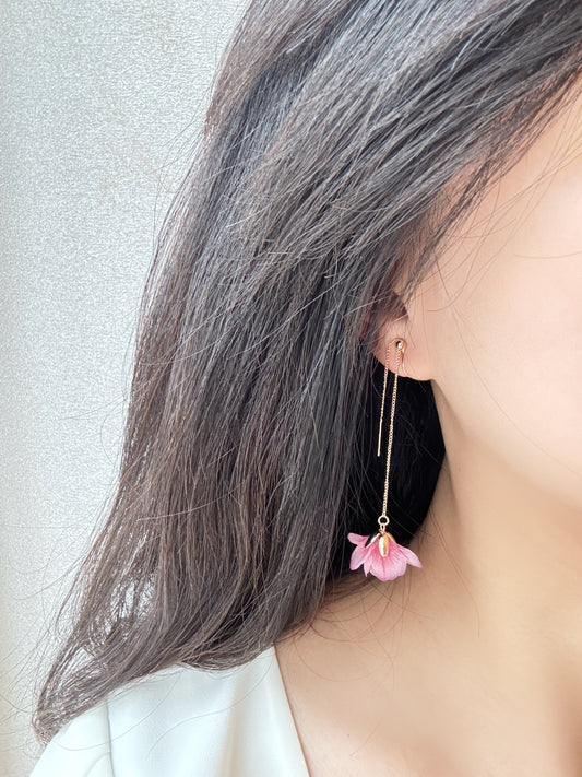 Pink Flower Clip-On Earrings – Adjustable Length Floral Non-Pierced Ear Clips