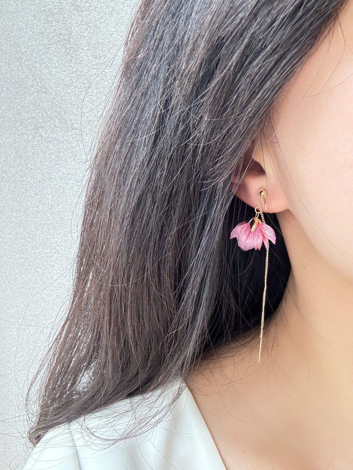 Pink Flower Clip-On Earrings – Adjustable Length Floral Non-Pierced Ear Clips