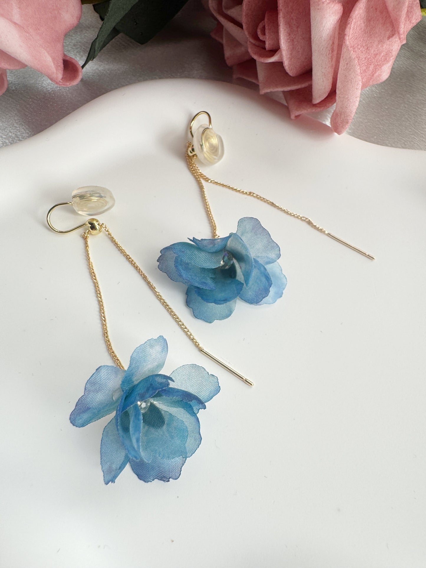 Blue Flower Clip-On Earrings – Adjustable Length Floral Non-Pierced Ear Clips