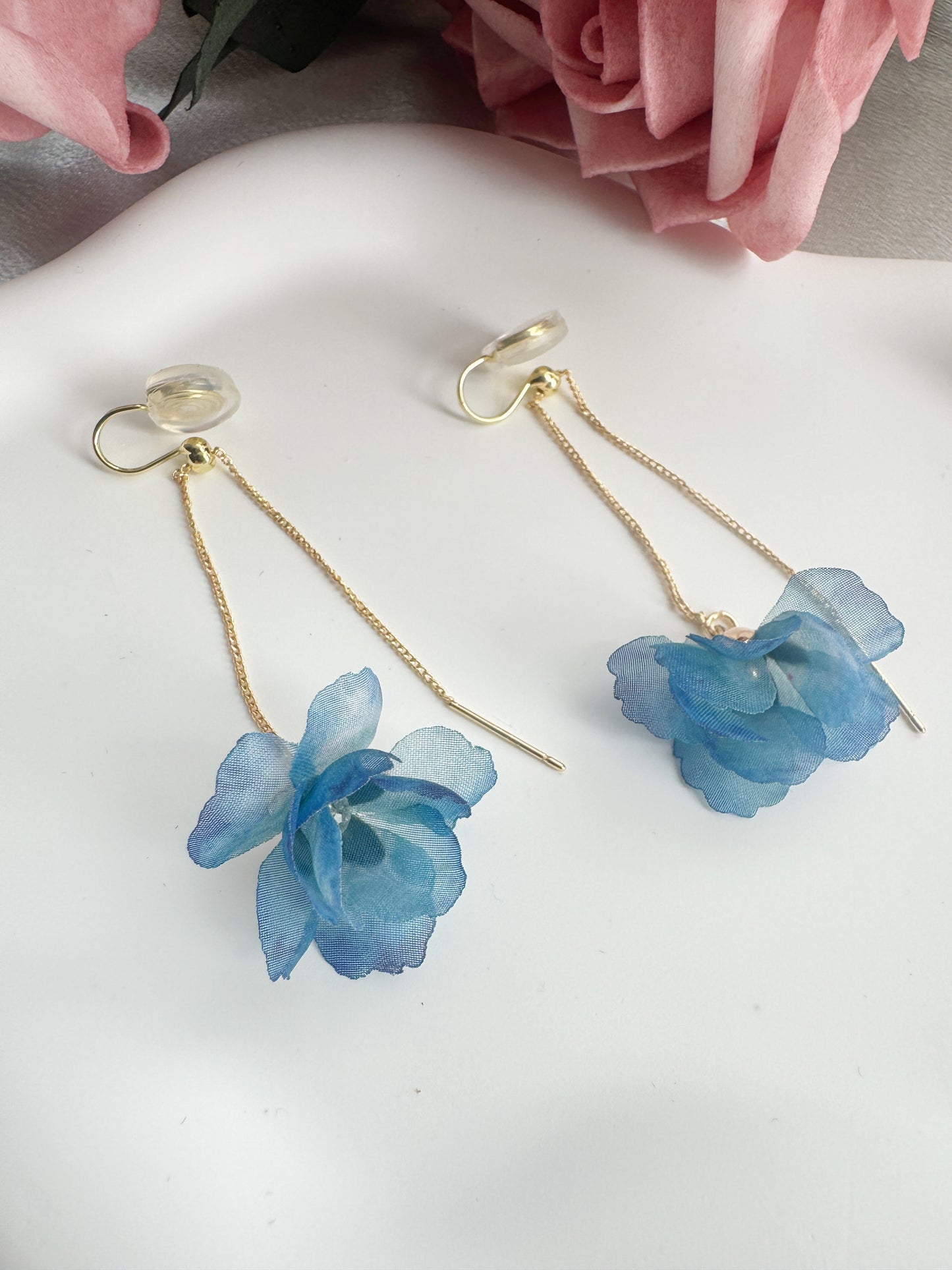Pink Flower Clip-On Earrings – Adjustable Length Floral Non-Pierced Ear Clips