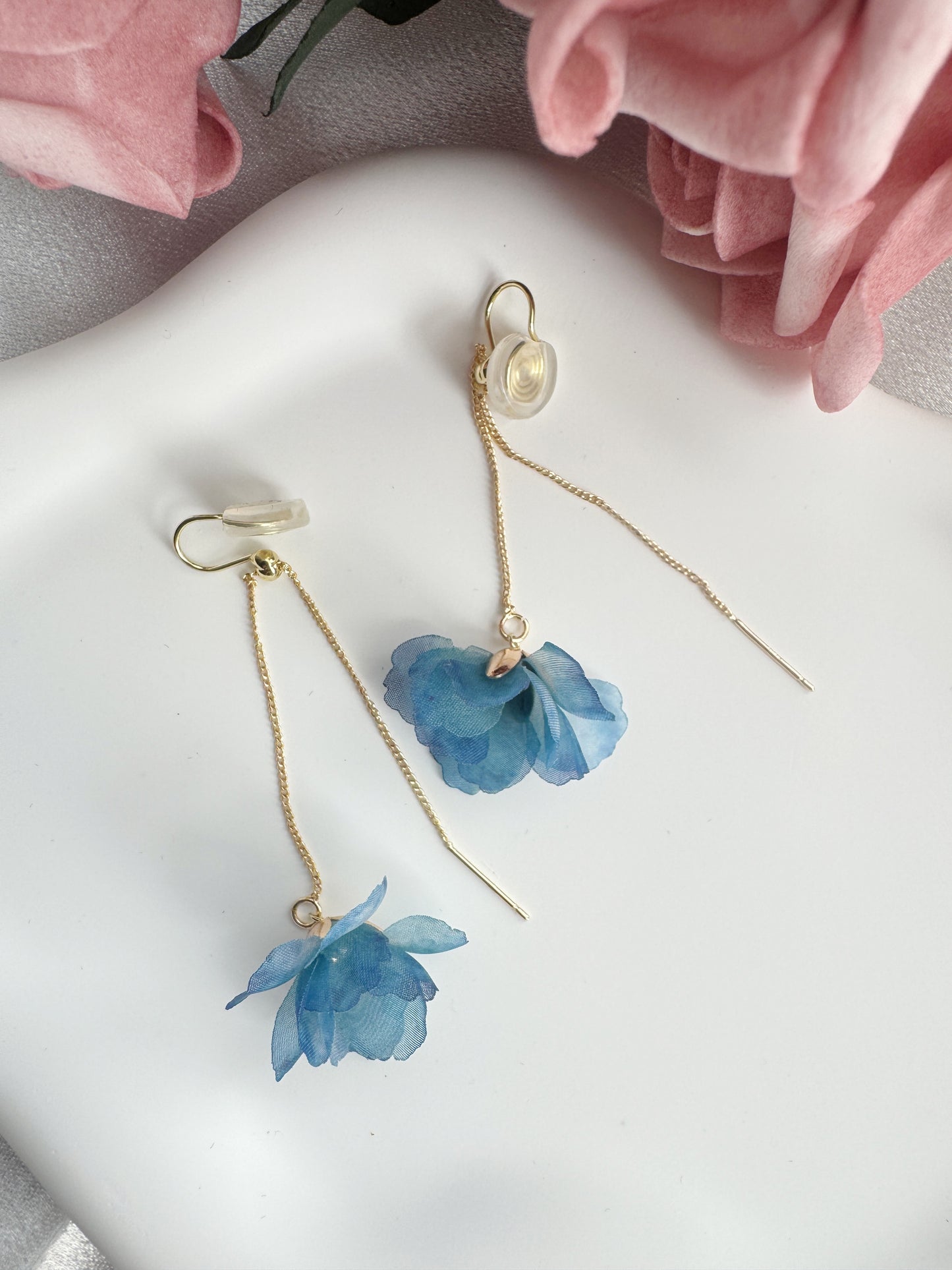 Blue Flower Clip-On Earrings – Adjustable Length Floral Non-Pierced Ear Clips