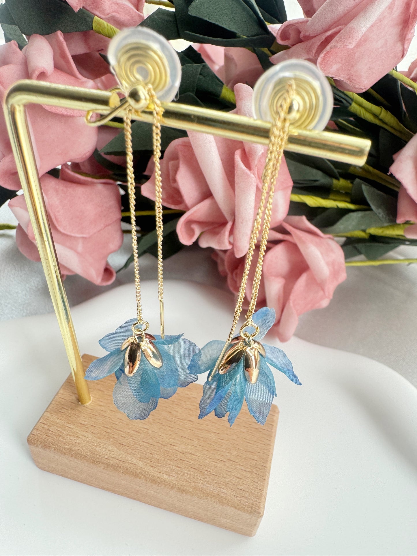 Blue Flower Clip-On Earrings – Adjustable Length Floral Non-Pierced Ear Clips