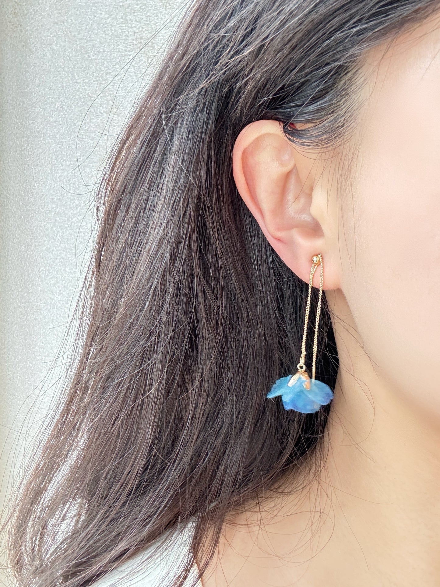 Blue Flower Clip-On Earrings – Adjustable Length Floral Non-Pierced Ear Clips
