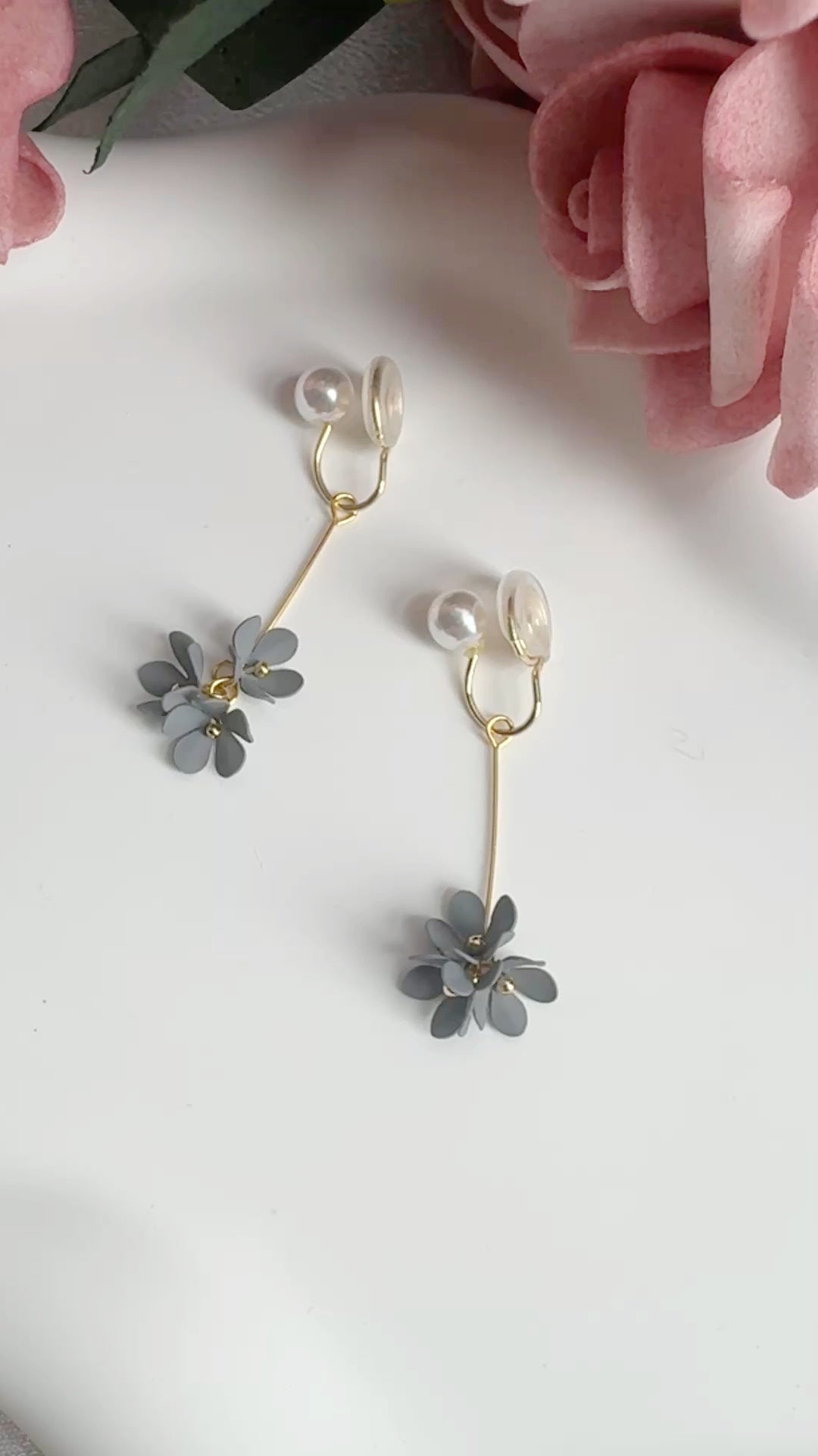 Blue Flowers Pearl Clip-On Earrings – Pearl Flora Dangle Non-Pierced Ear Clips