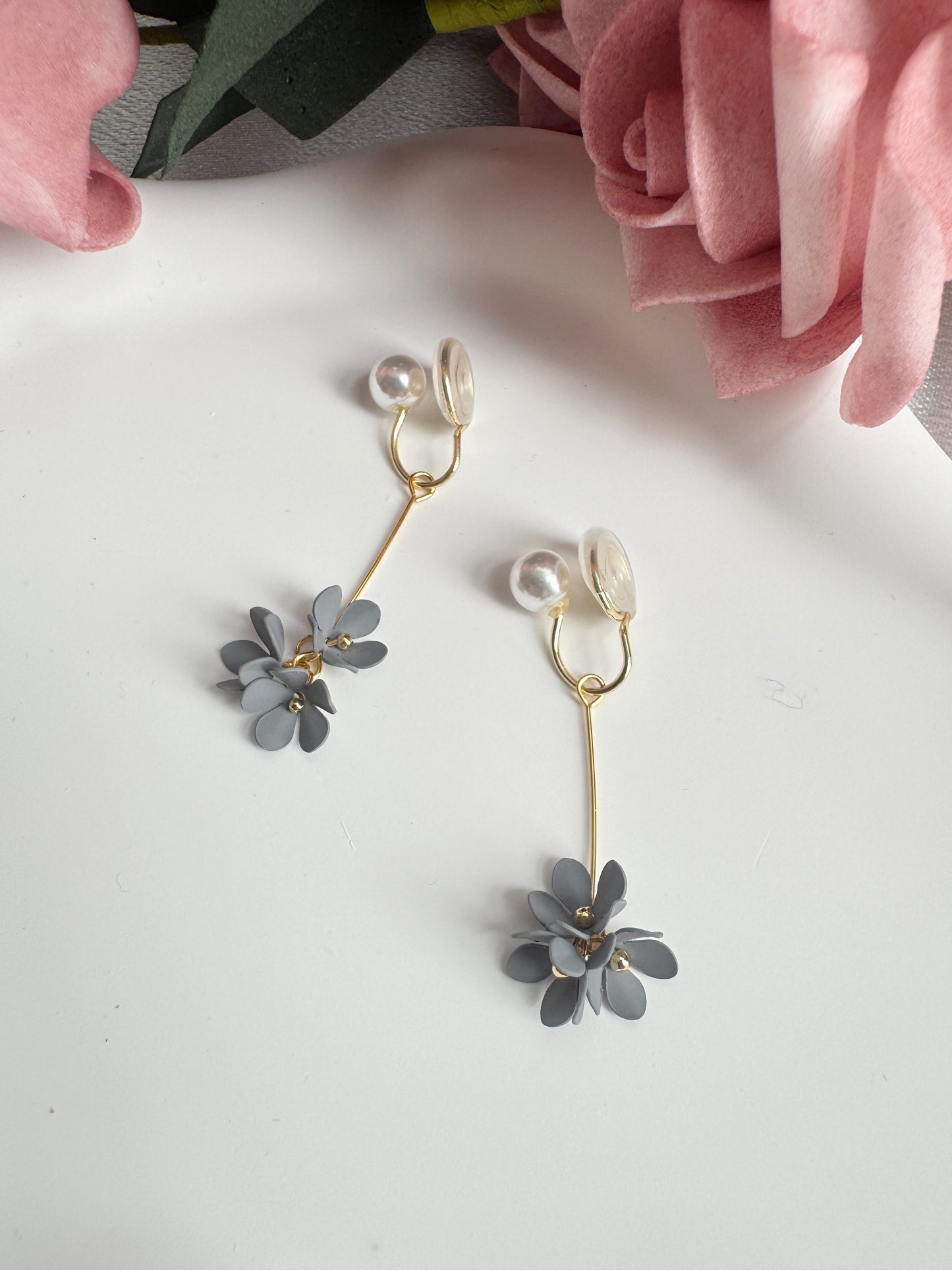 Blue Flowers Pearl Clip-On Earrings – Pearl Flora Dangle Non-Pierced Ear Clips