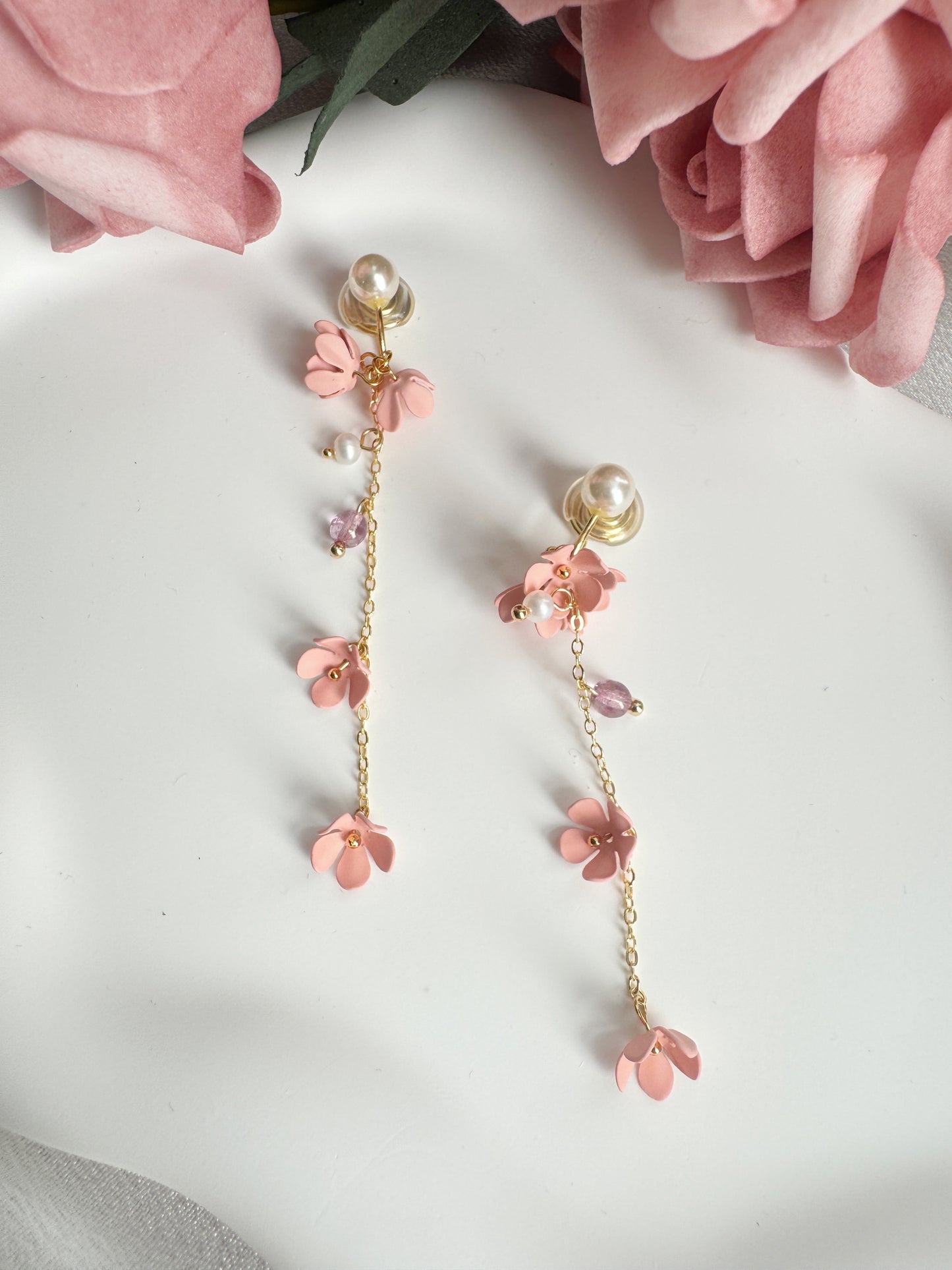 Pink Flowers Clip-On Earrings – Pearl and Gold Tassel Non-Pierced Ear Clips