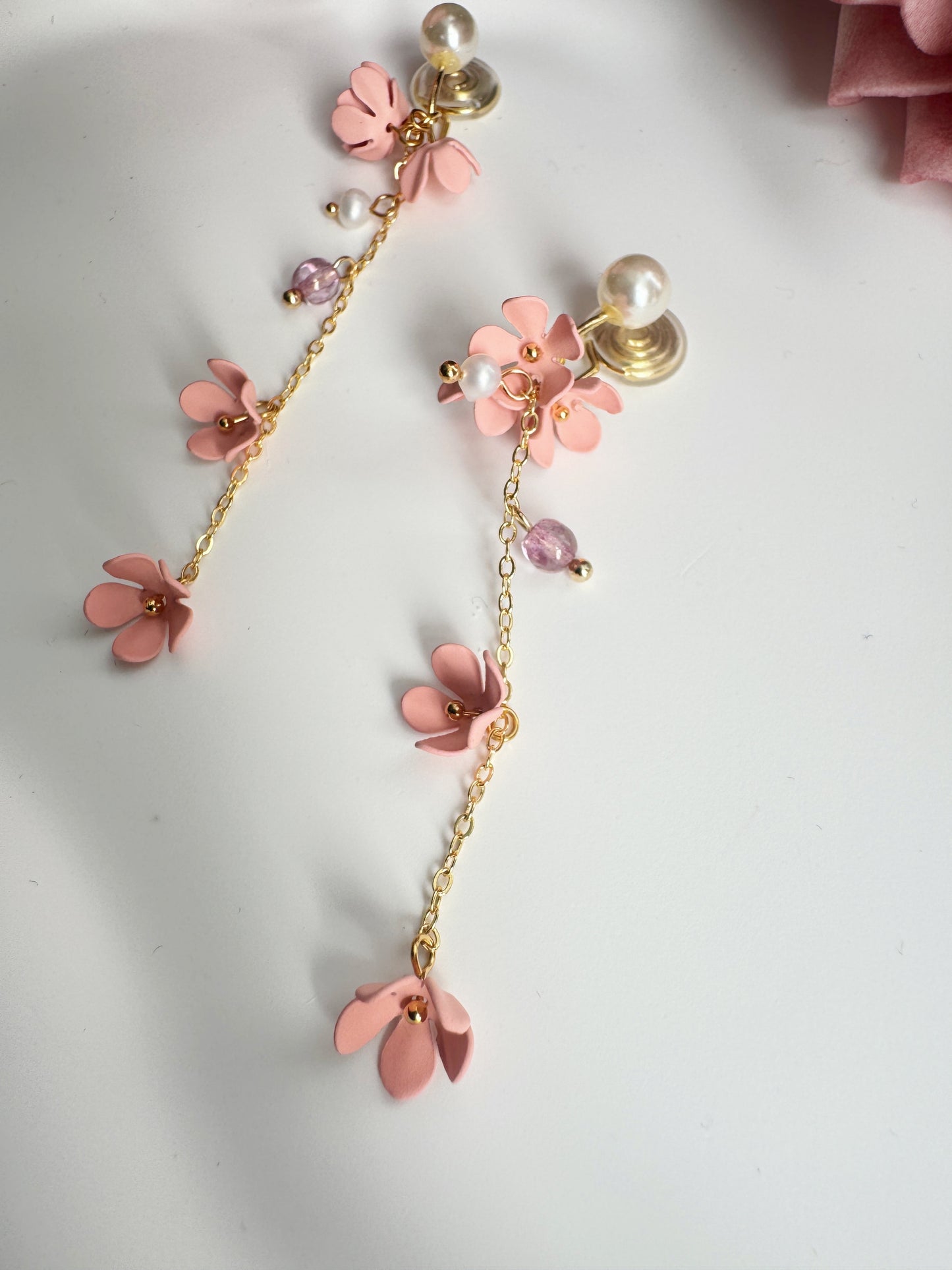 Pink Flowers Clip-On Earrings – Pearl and Gold Tassel Non-Pierced Ear Clips
