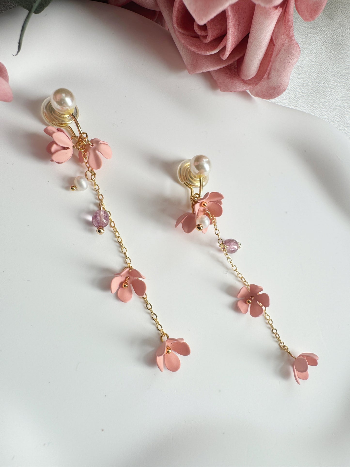 Pink Flowers Clip-On Earrings – Pearl and Gold Tassel Non-Pierced Ear Clips