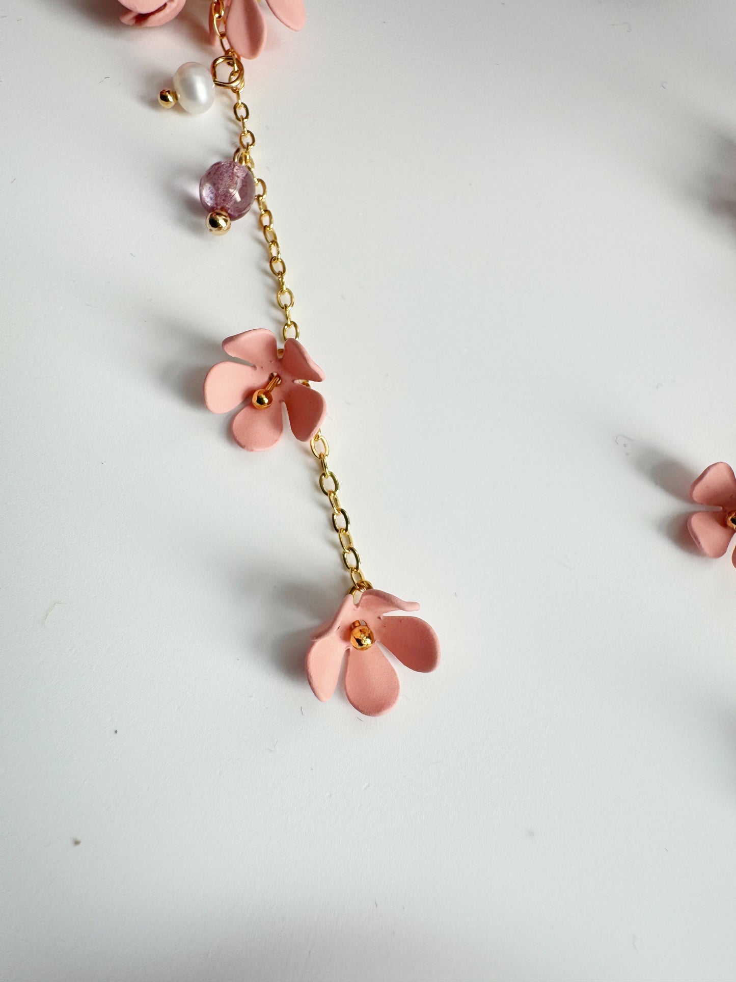 Pink Flowers Clip-On Earrings – Pearl and Gold Tassel Non-Pierced Ear Clips