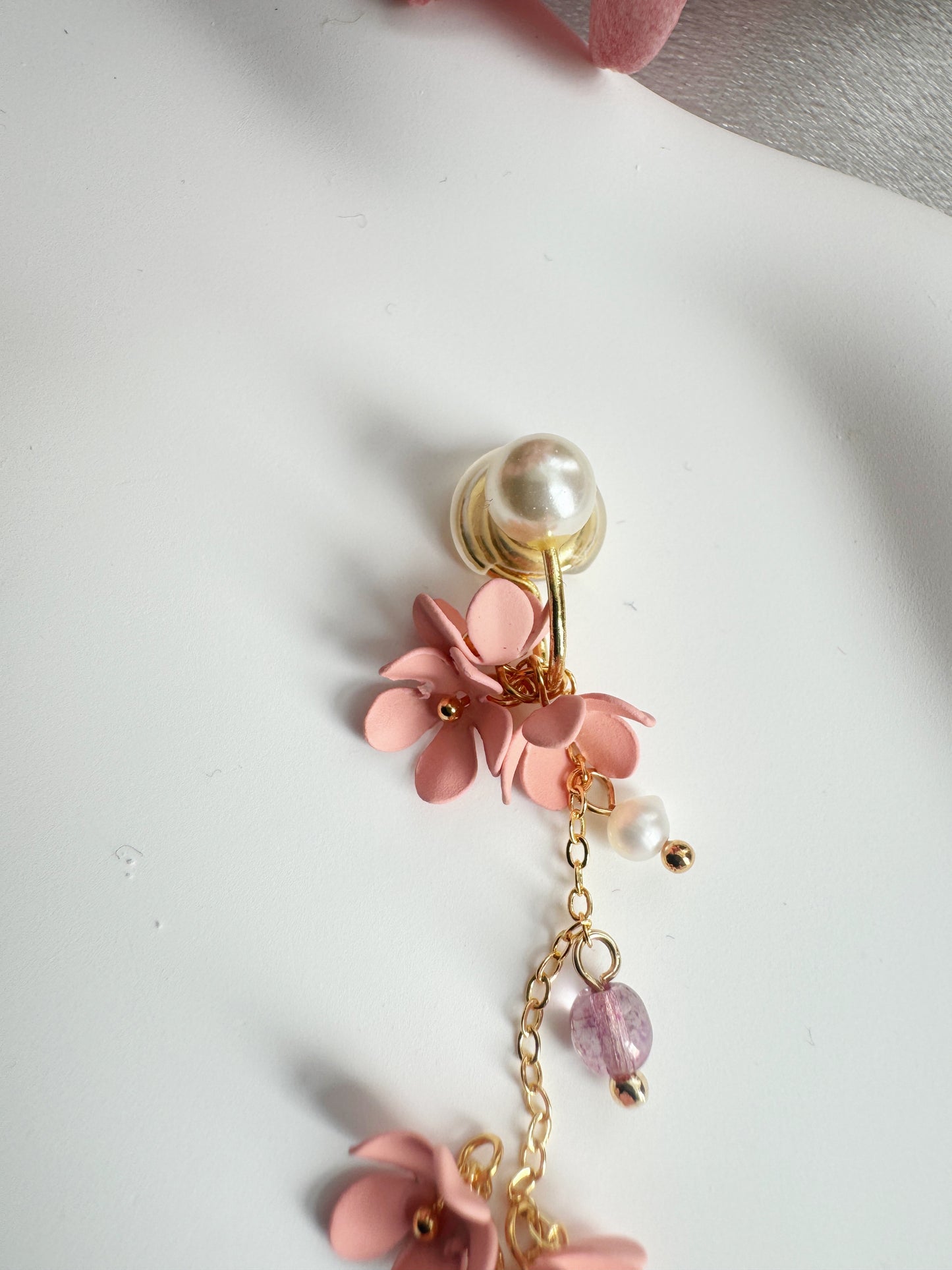 Pink Flowers Clip-On Earrings – Pearl and Gold Tassel Non-Pierced Ear Clips