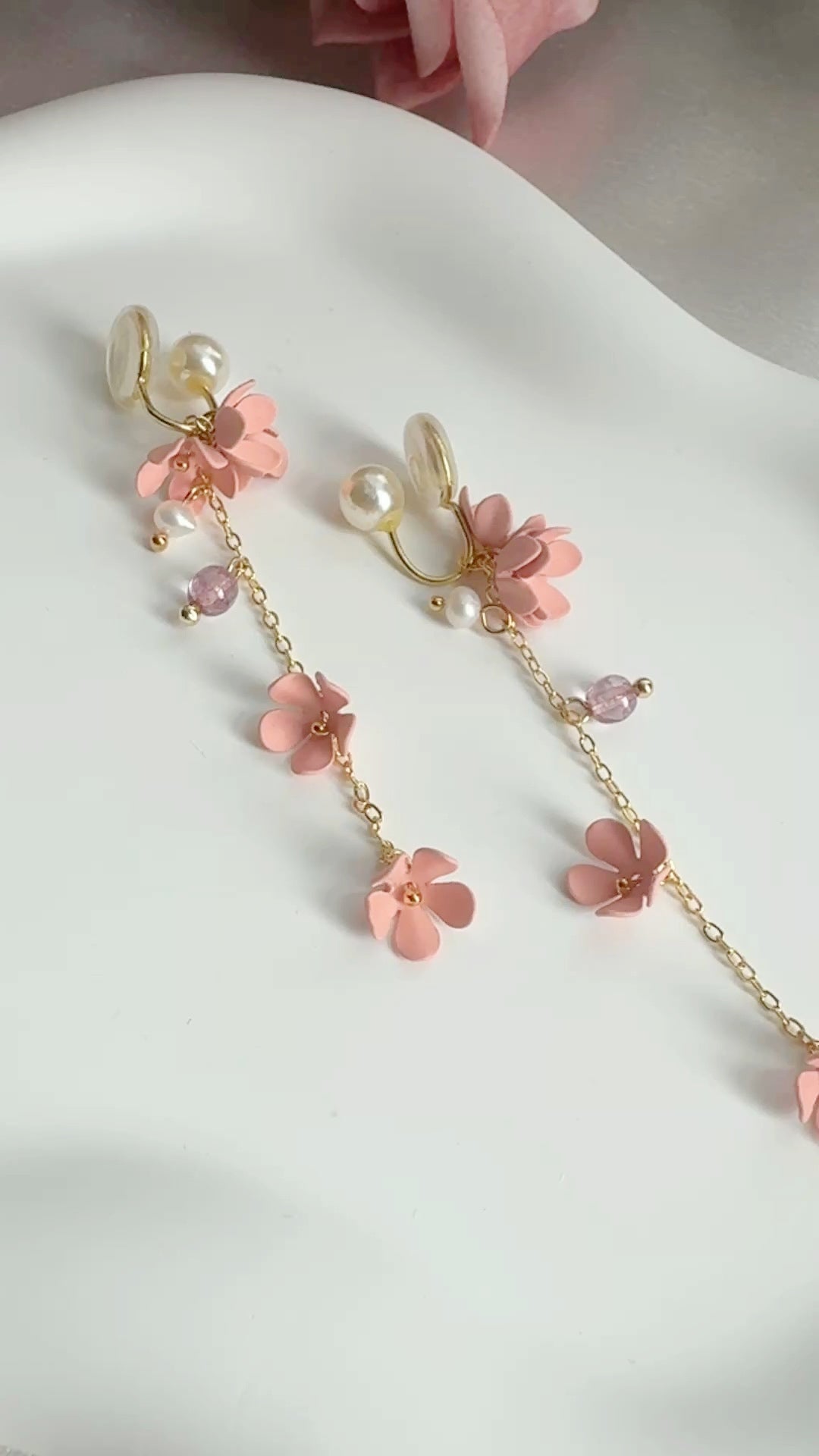 Pink Flowers Clip-On Earrings – Pearl and Gold Tassel Non-Pierced Ear Clips