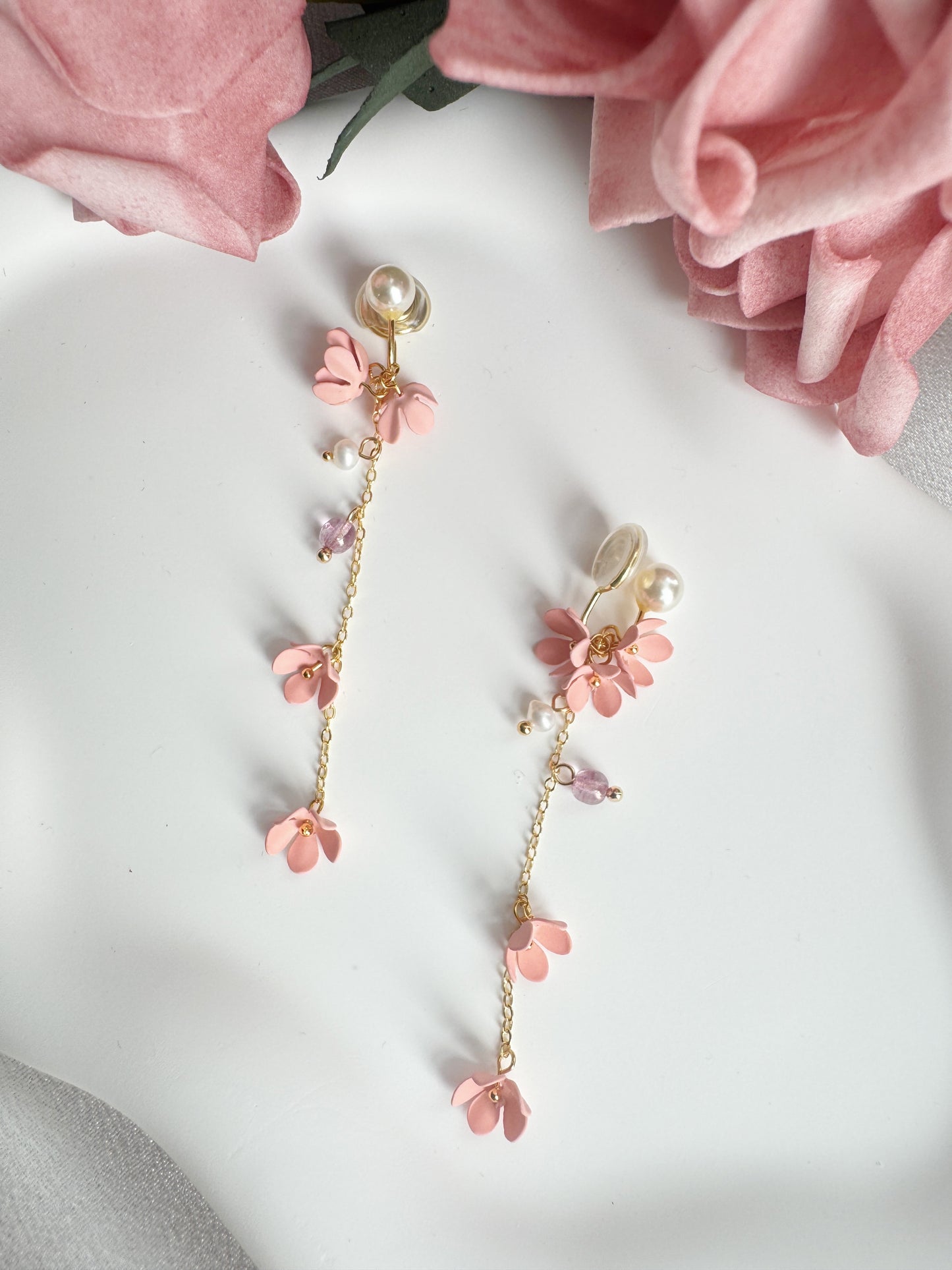 Blue Flowers Clip-On Earrings – Pearl and Gold Tassel Non-Pierced Ear Clips