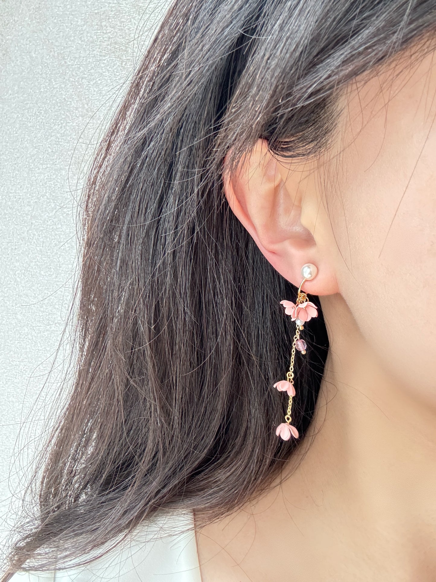 Pink Flowers Clip-On Earrings – Pearl and Gold Tassel Non-Pierced Ear Clips