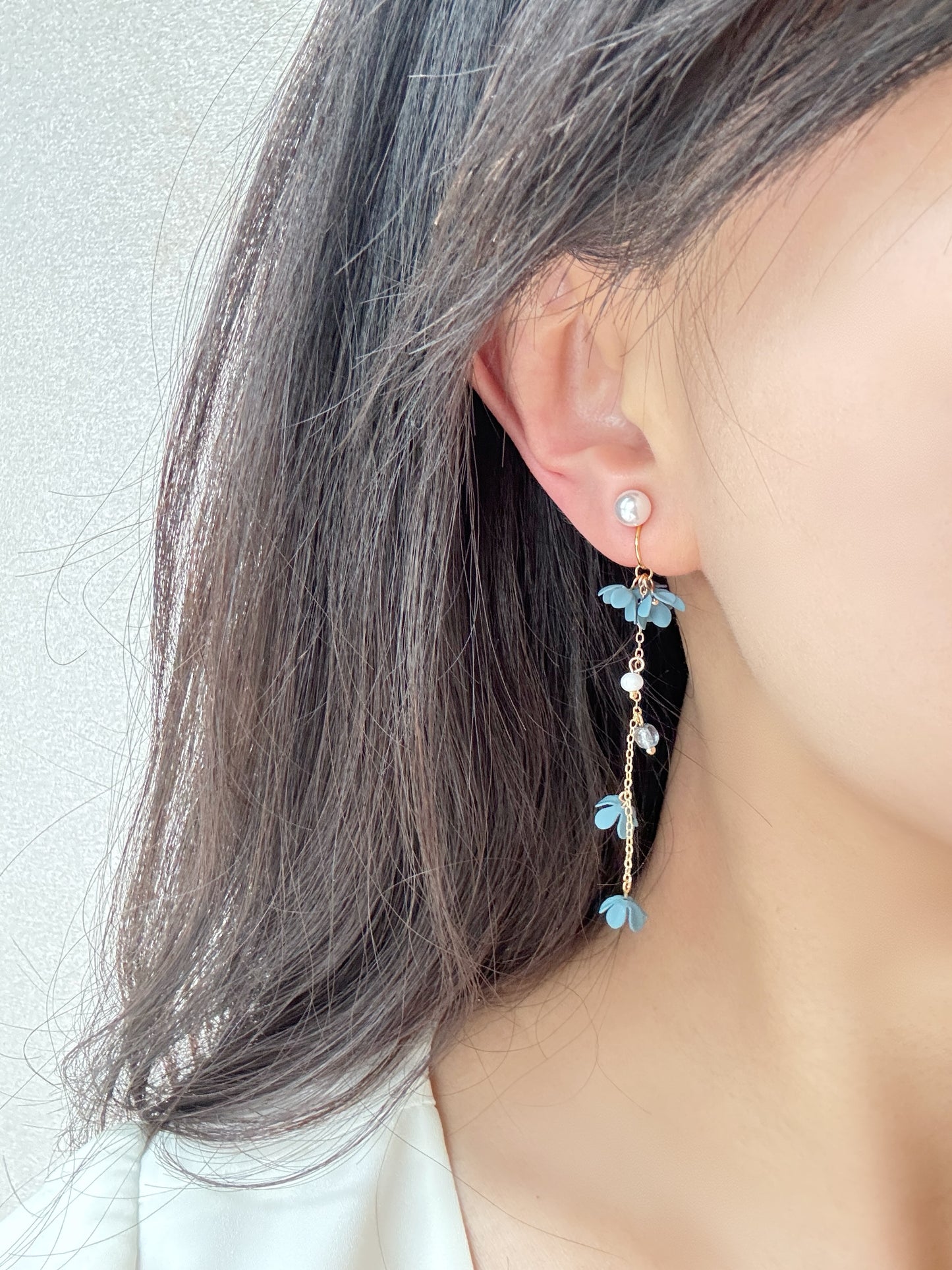 Blue Flowers Clip-On Earrings – Pearl and Gold Tassel Non-Pierced Ear Clips