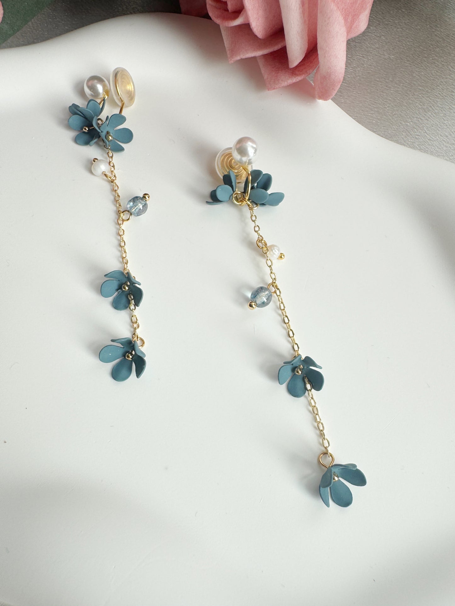 Blue Flowers Clip-On Earrings – Pearl and Gold Tassel Non-Pierced Ear Clips