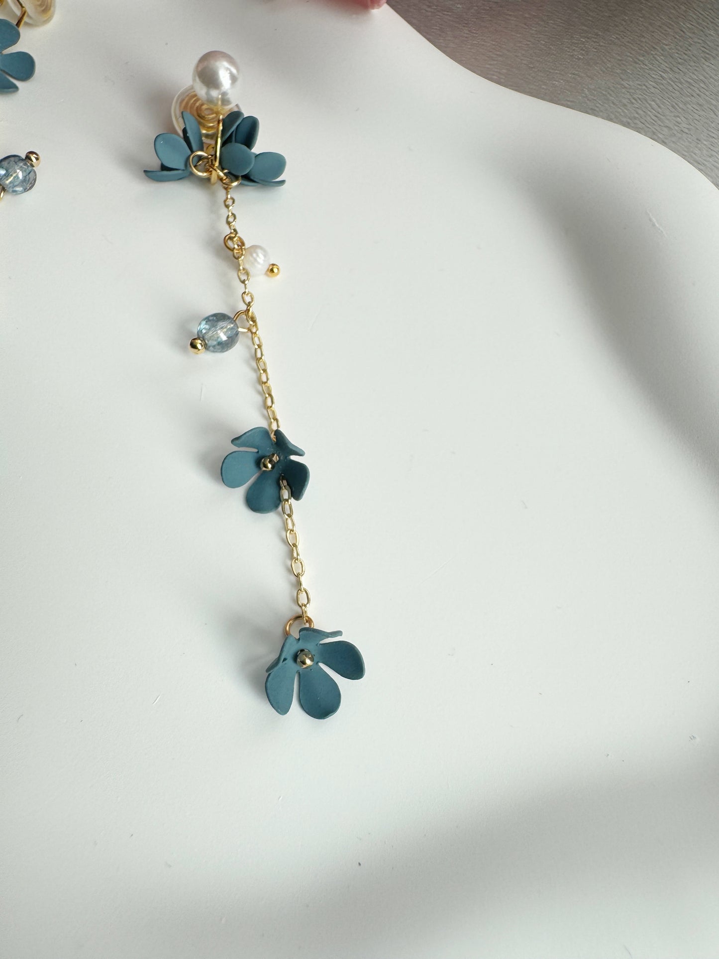 Blue Flowers Clip-On Earrings – Pearl and Gold Tassel Non-Pierced Ear Clips