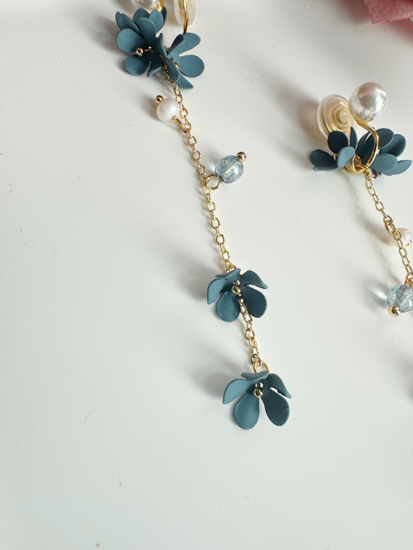 Blue Flowers Clip-On Earrings – Pearl and Gold Tassel Non-Pierced Ear Clips