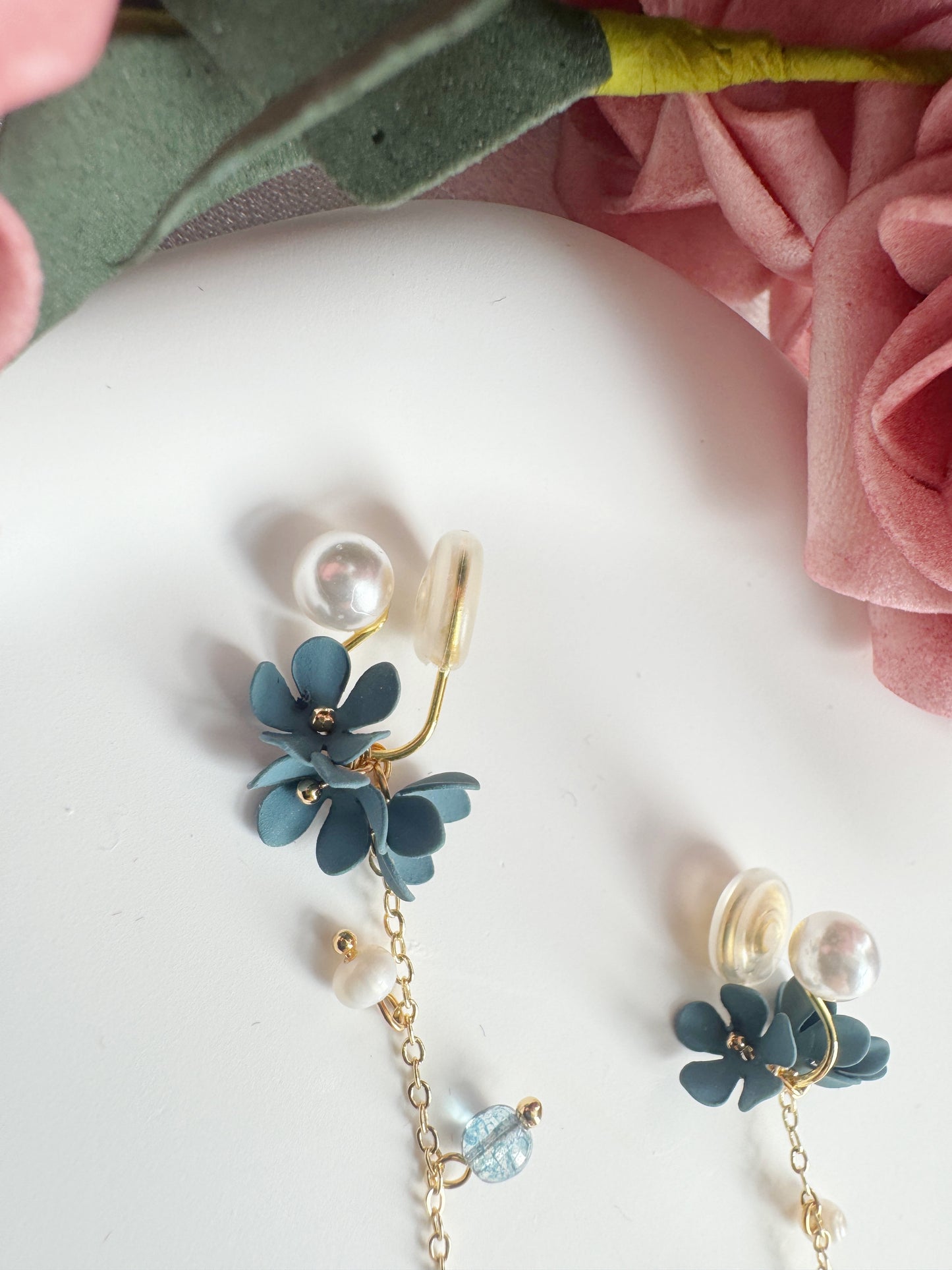 Blue Flowers Clip-On Earrings – Pearl and Gold Tassel Non-Pierced Ear Clips