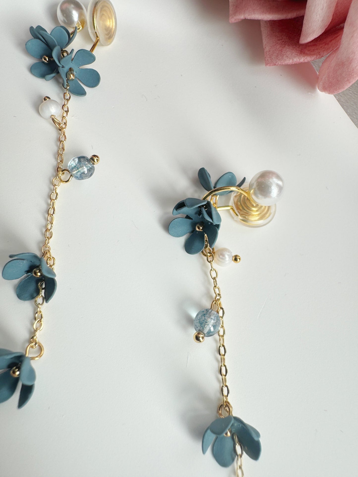 Blue Flowers Clip-On Earrings – Pearl and Gold Tassel Non-Pierced Ear Clips
