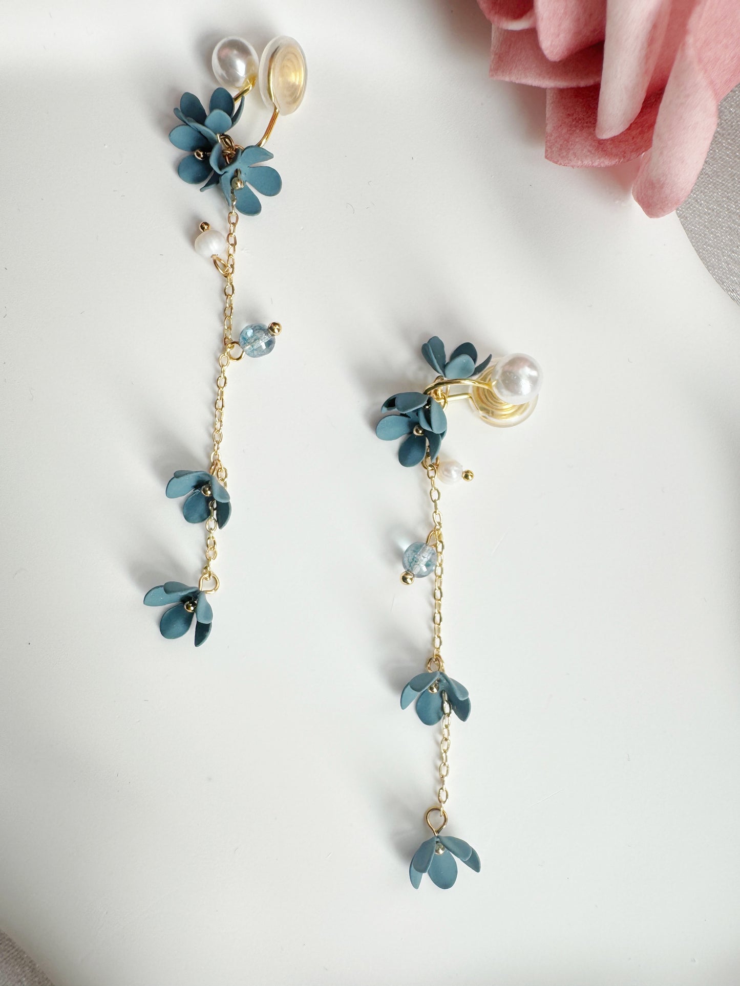 Blue Flowers Clip-On Earrings – Pearl and Gold Tassel Non-Pierced Ear Clips