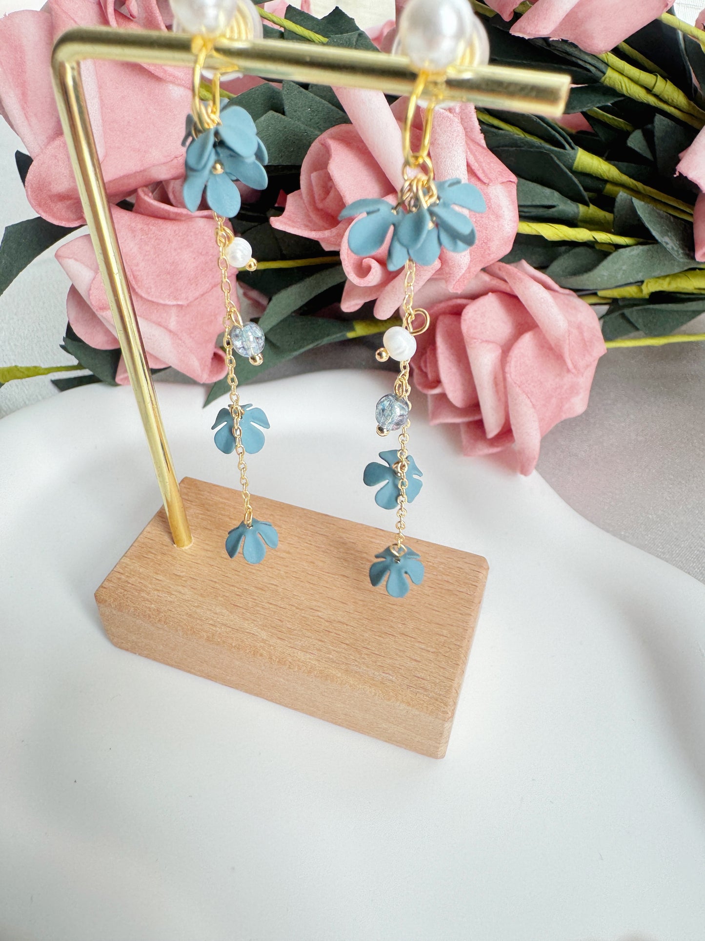Blue Flowers Clip-On Earrings – Pearl and Gold Tassel Non-Pierced Ear Clips