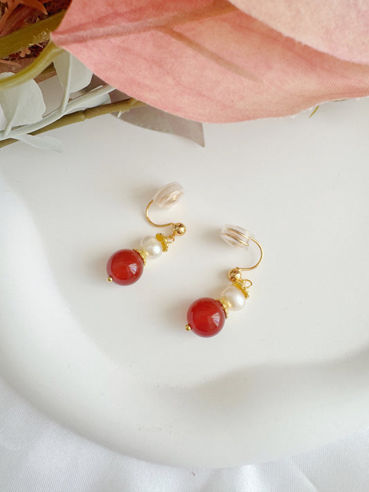 Red Agate Freshwater Pearl Clip-On Earrings –Gold Dangle Non-Pierced Ear Clips