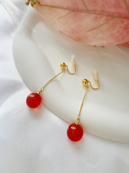 Red Glass Bead Dangle Clip-On Earrings – Non-Pierced Ear Clips