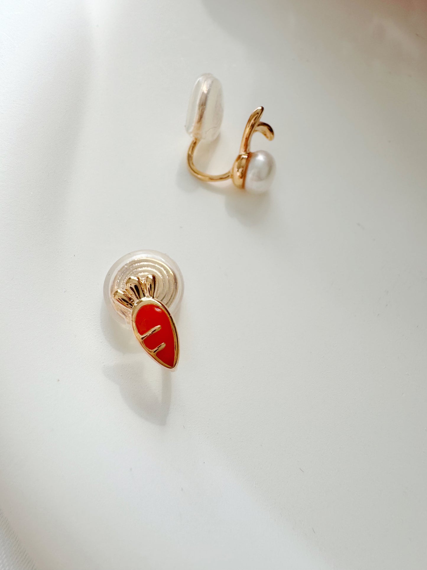 Mismatched Carrot and Pearl Bunny Clip-On Earrings – Non-Pierced Ear Clips