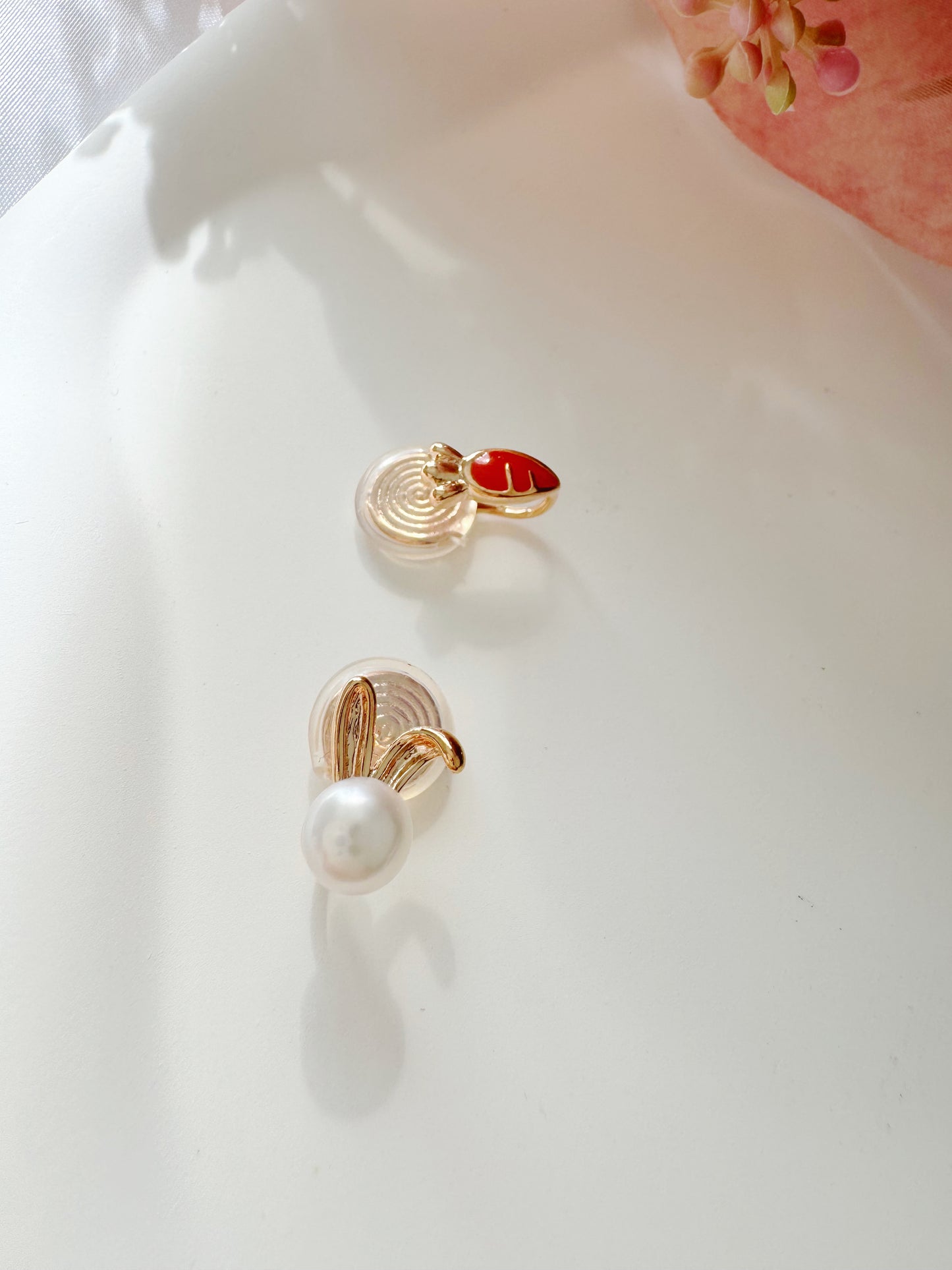 Mismatched Carrot and Pearl Bunny Clip-On Earrings – Non-Pierced Ear Clips
