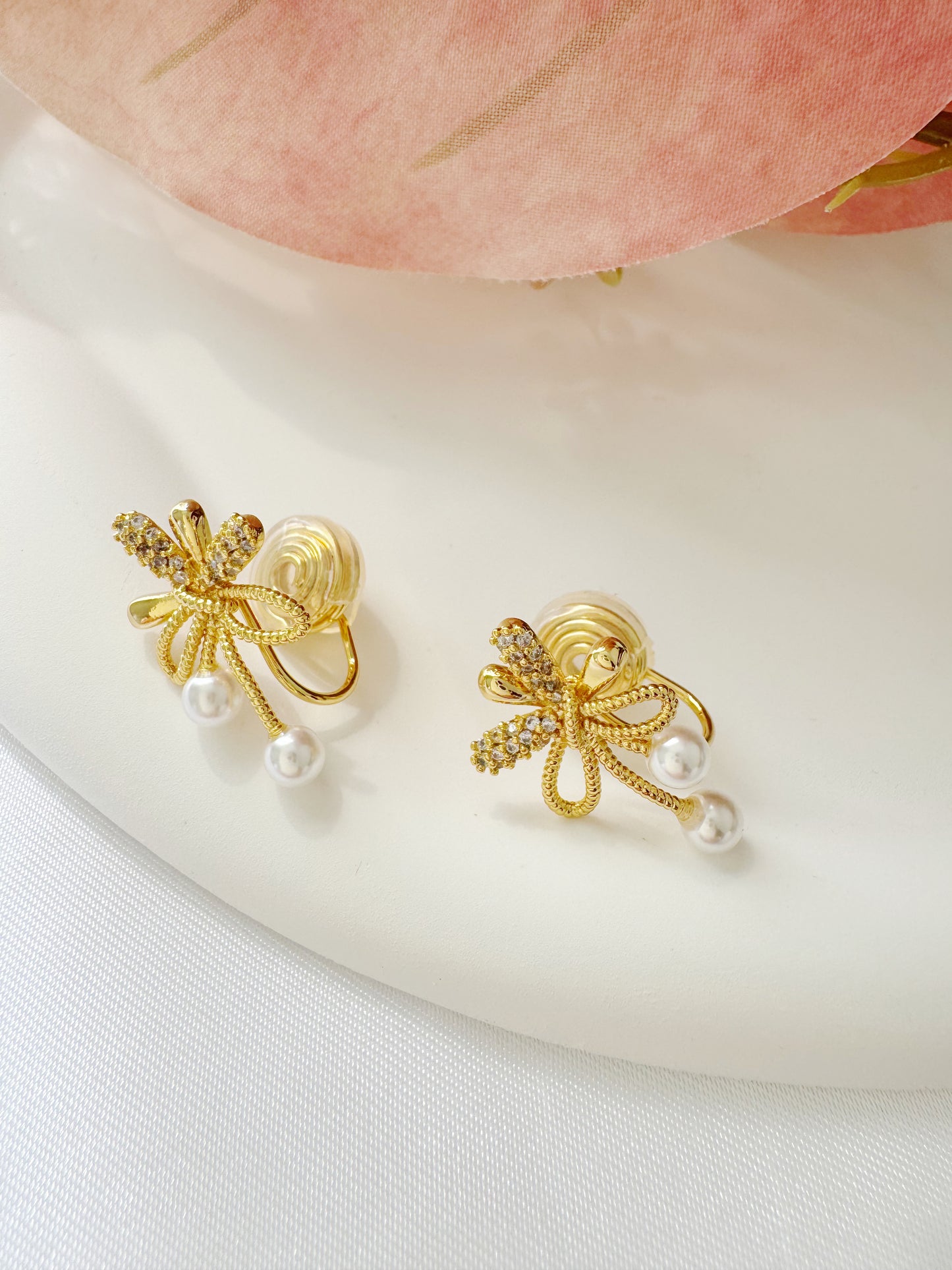 Gold Bow Pearl Clip-On Earrings – Non-Pierced Ear Clips
