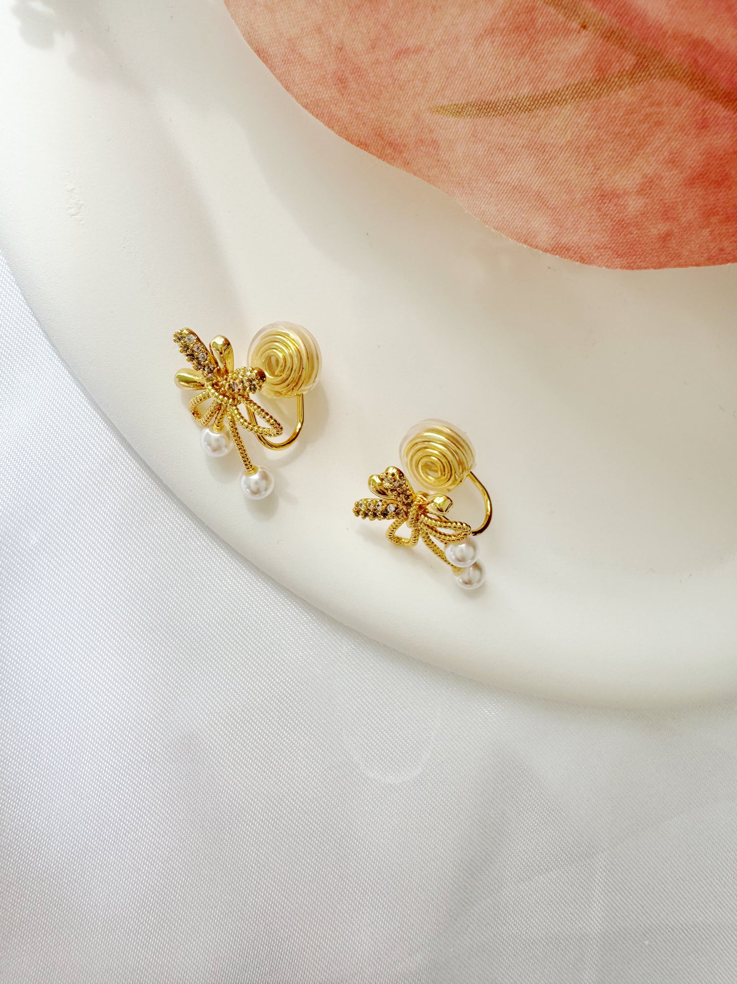 Gold Bow Pearl Clip-On Earrings – Non-Pierced Ear Clips