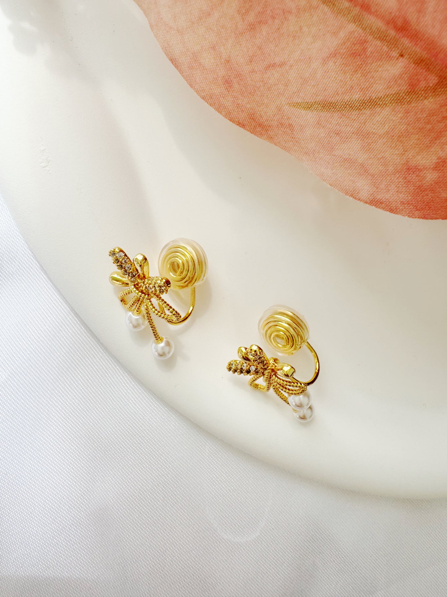Gold Bow Pearl Clip-On Earrings – Non-Pierced Ear Clips