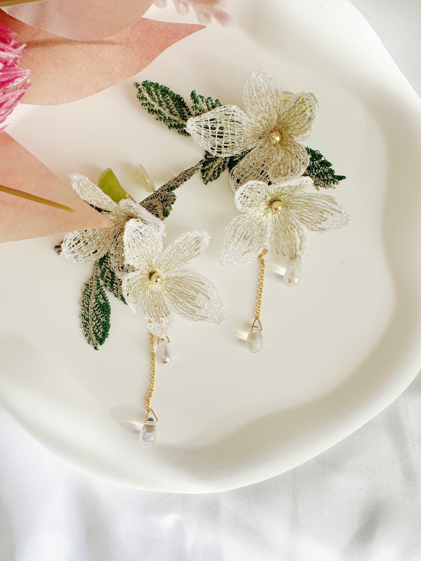 Embroidered Flower Clip-On Earrings – White Floral Non-Pierced Ear Clips