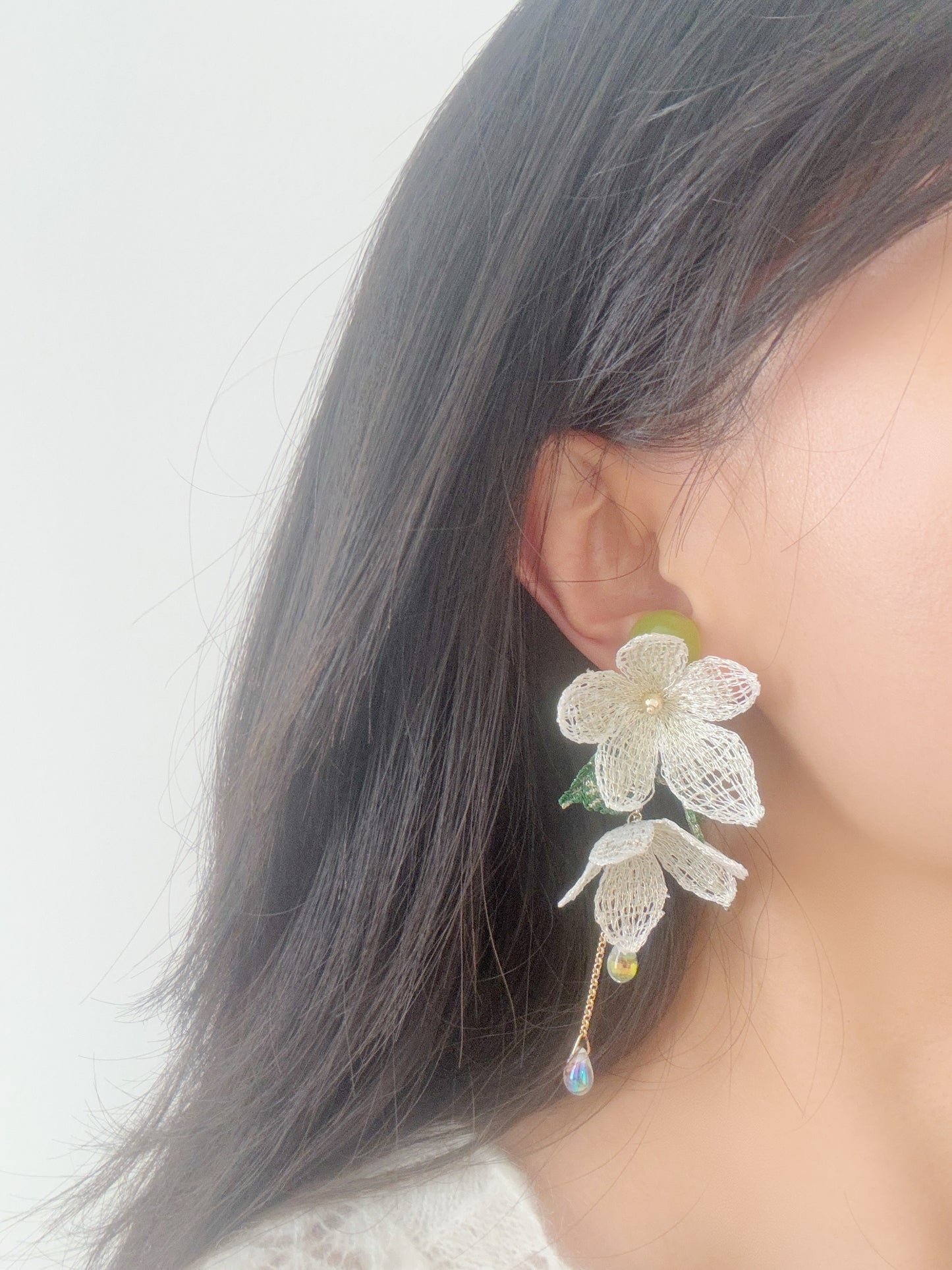 Embroidered Flower Clip-On Earrings – White Floral Non-Pierced Ear Clips
