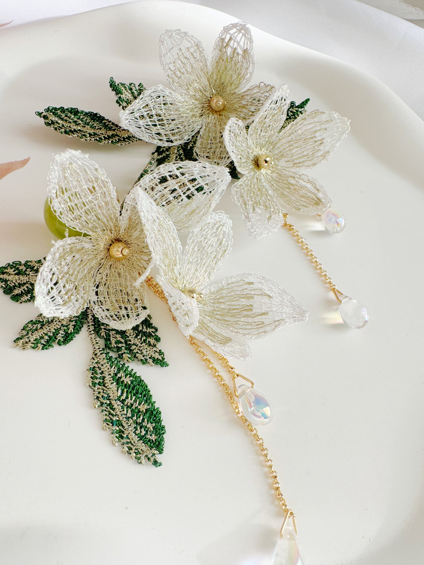 Embroidered Flower Clip-On Earrings – White Floral Non-Pierced Ear Clips