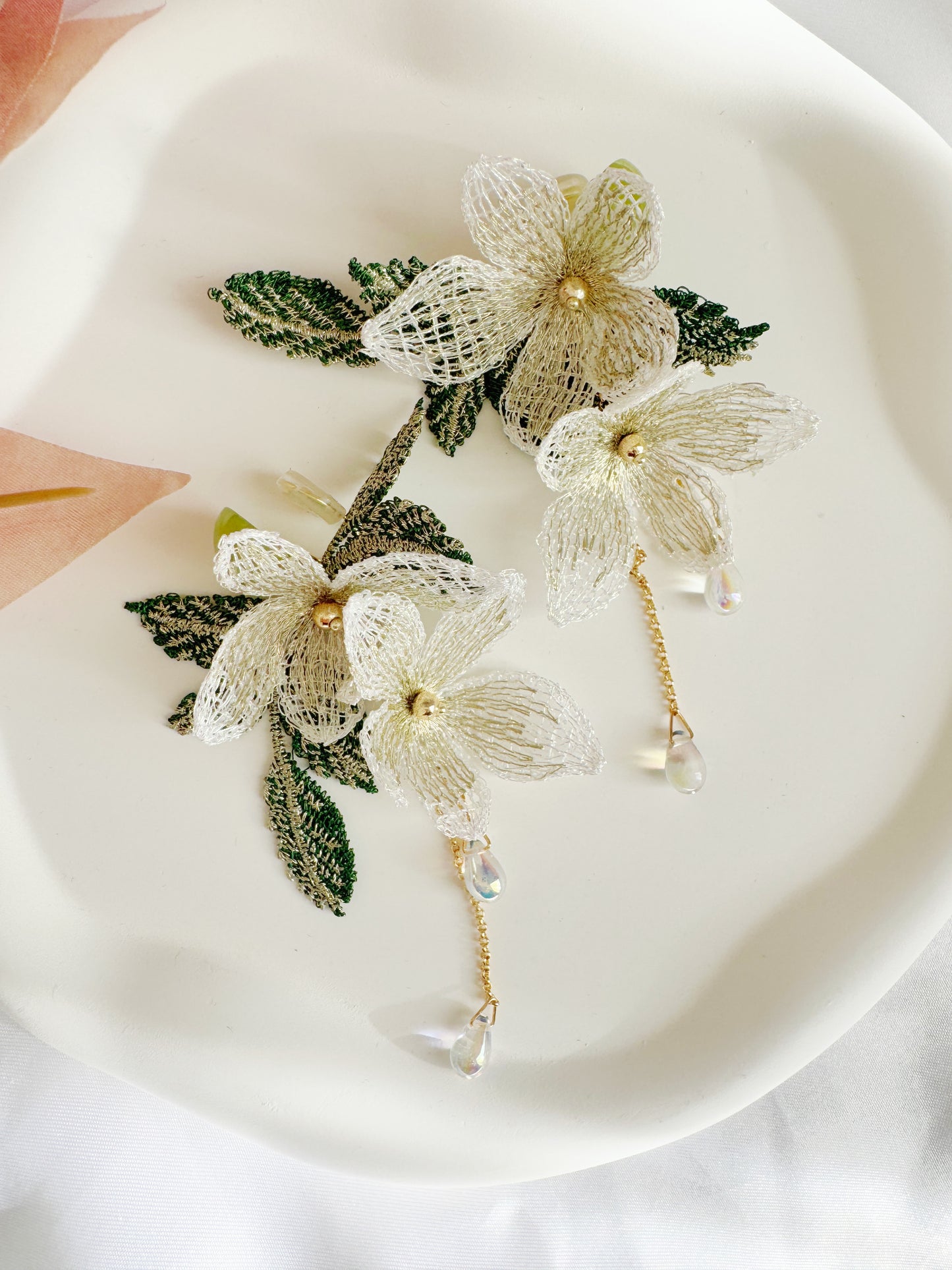 Embroidered Flower Clip-On Earrings – White Floral Non-Pierced Ear Clips
