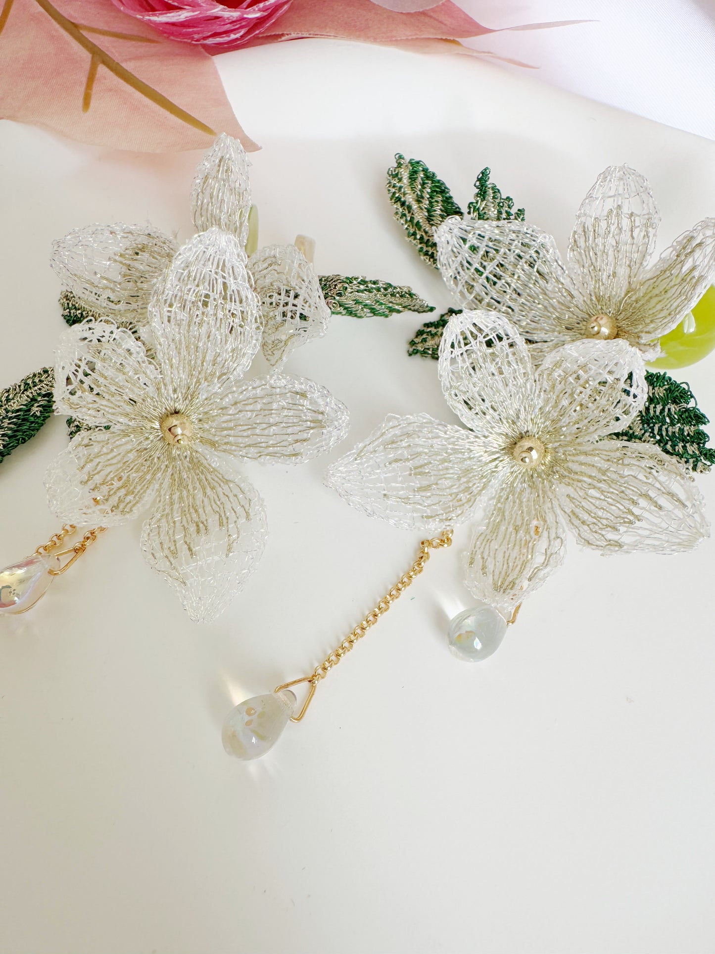 Embroidered Flower Clip-On Earrings – White Floral Non-Pierced Ear Clips