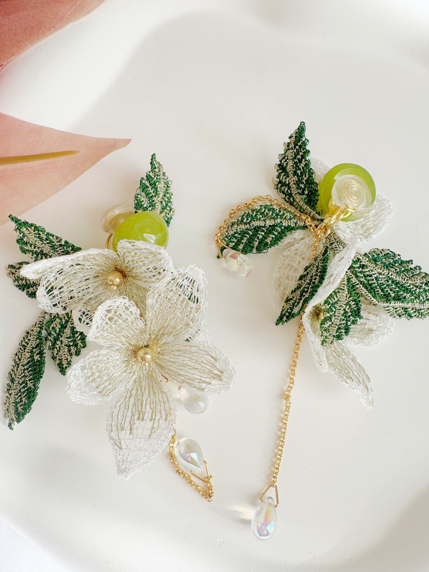 Embroidered Flower Clip-On Earrings – White Floral Non-Pierced Ear Clips