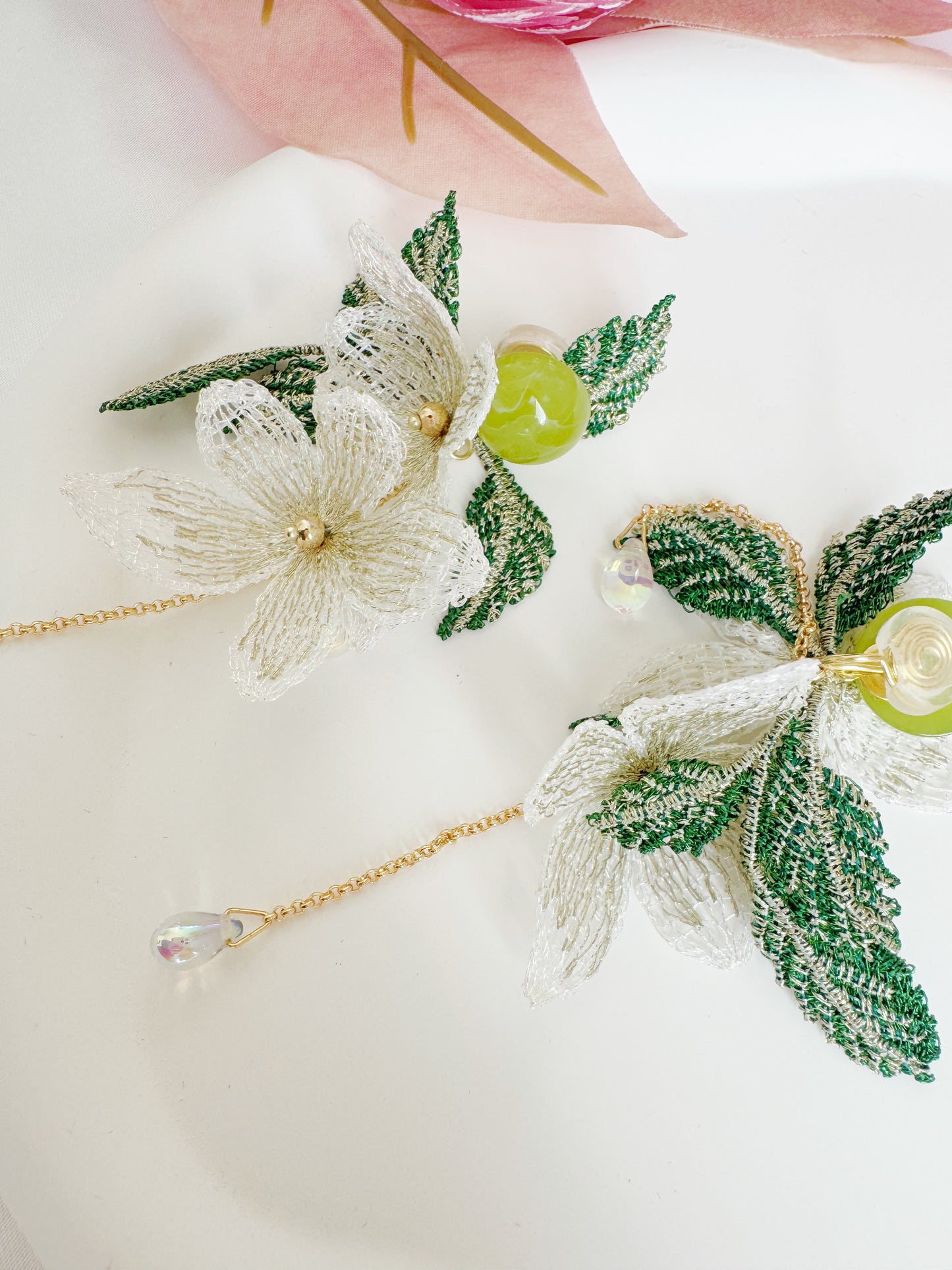 Embroidered Flower Clip-On Earrings – White Floral Non-Pierced Ear Clips