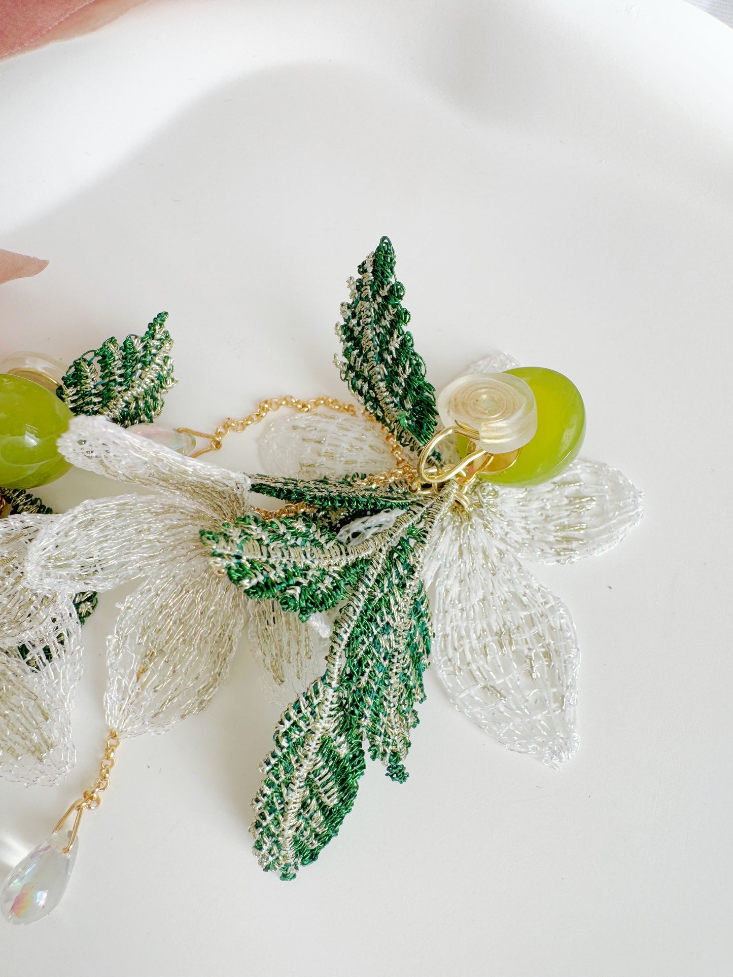 Embroidered Flower Clip-On Earrings – White Floral Non-Pierced Ear Clips